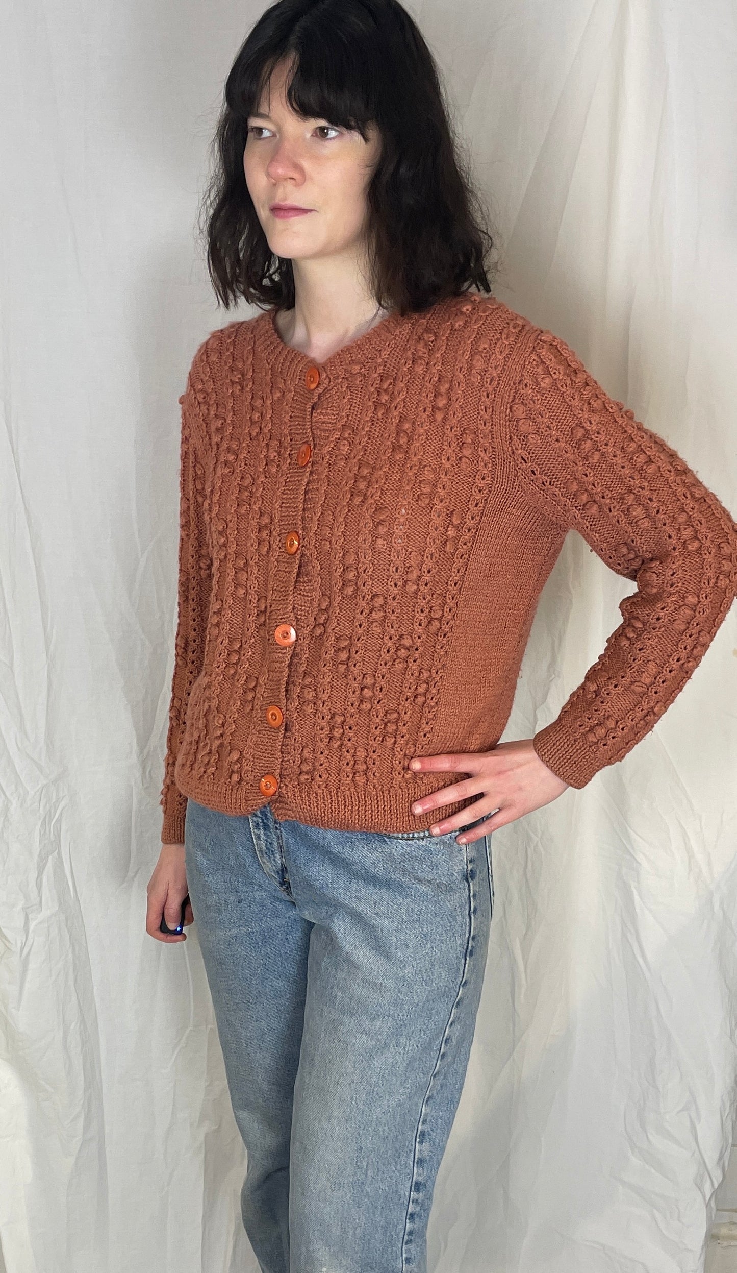 Vintage 90s Pink Wool Bobble Texture Handknit Cardigan - Up To Size 12