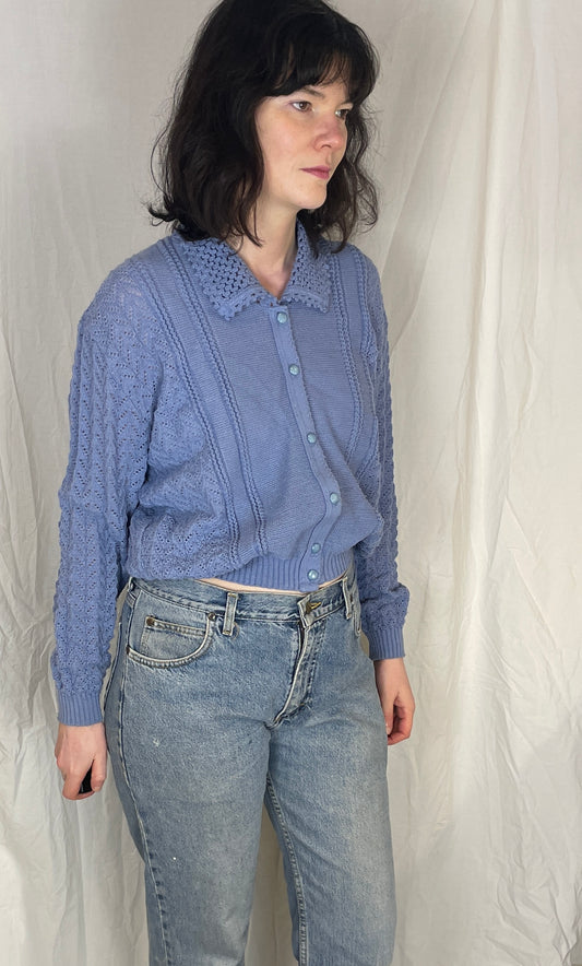Vintage 90s Cornflower Blue Pointelle Knit Collared Cardigan - Up To Size 14