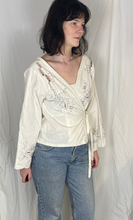 Eve Handmade White Linen Floral Embroidered Wrap Top - Up To Size 12