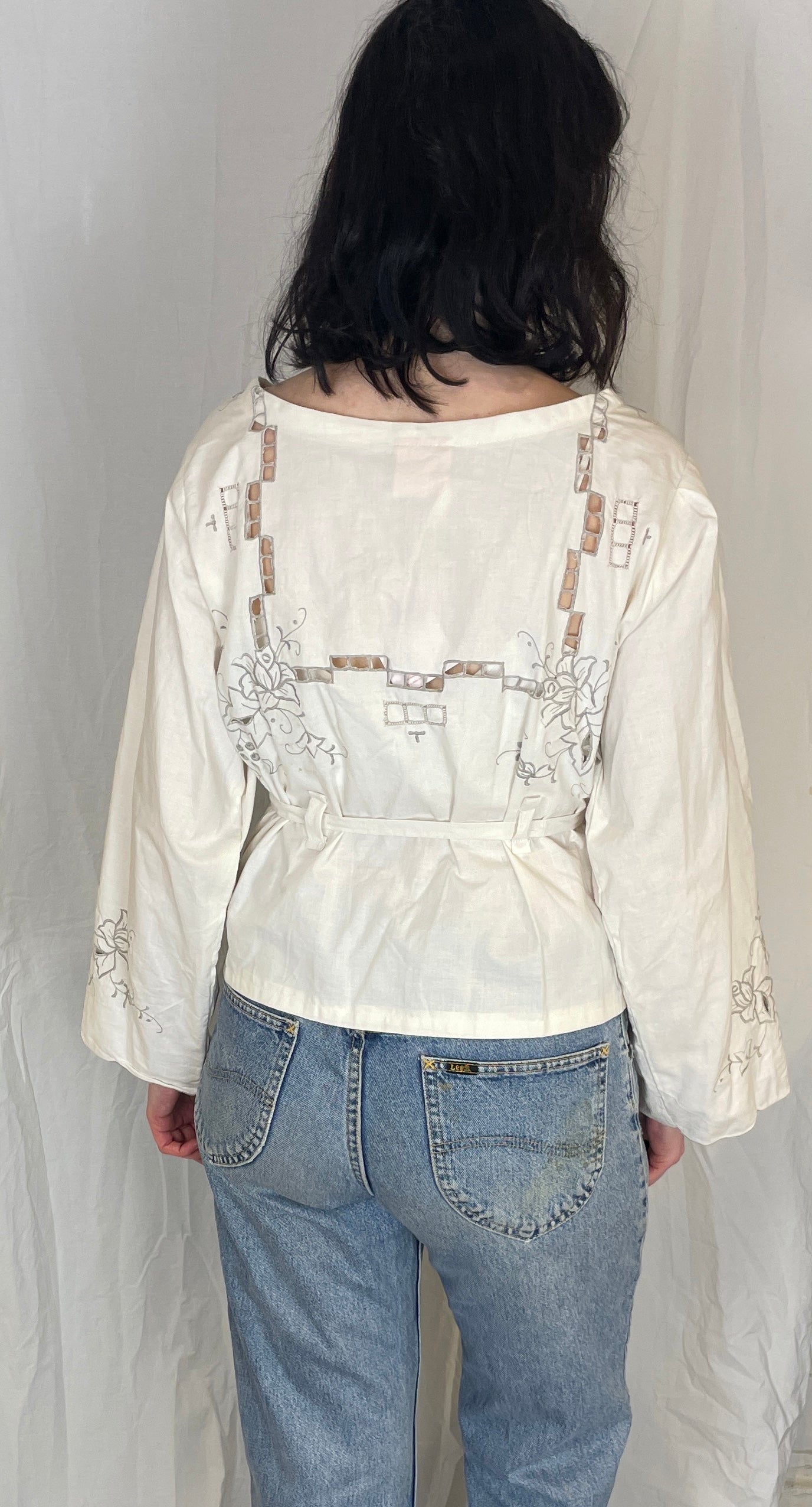 Eve Handmade White Linen Floral Embroidered Wrap Top - Up To Size 12