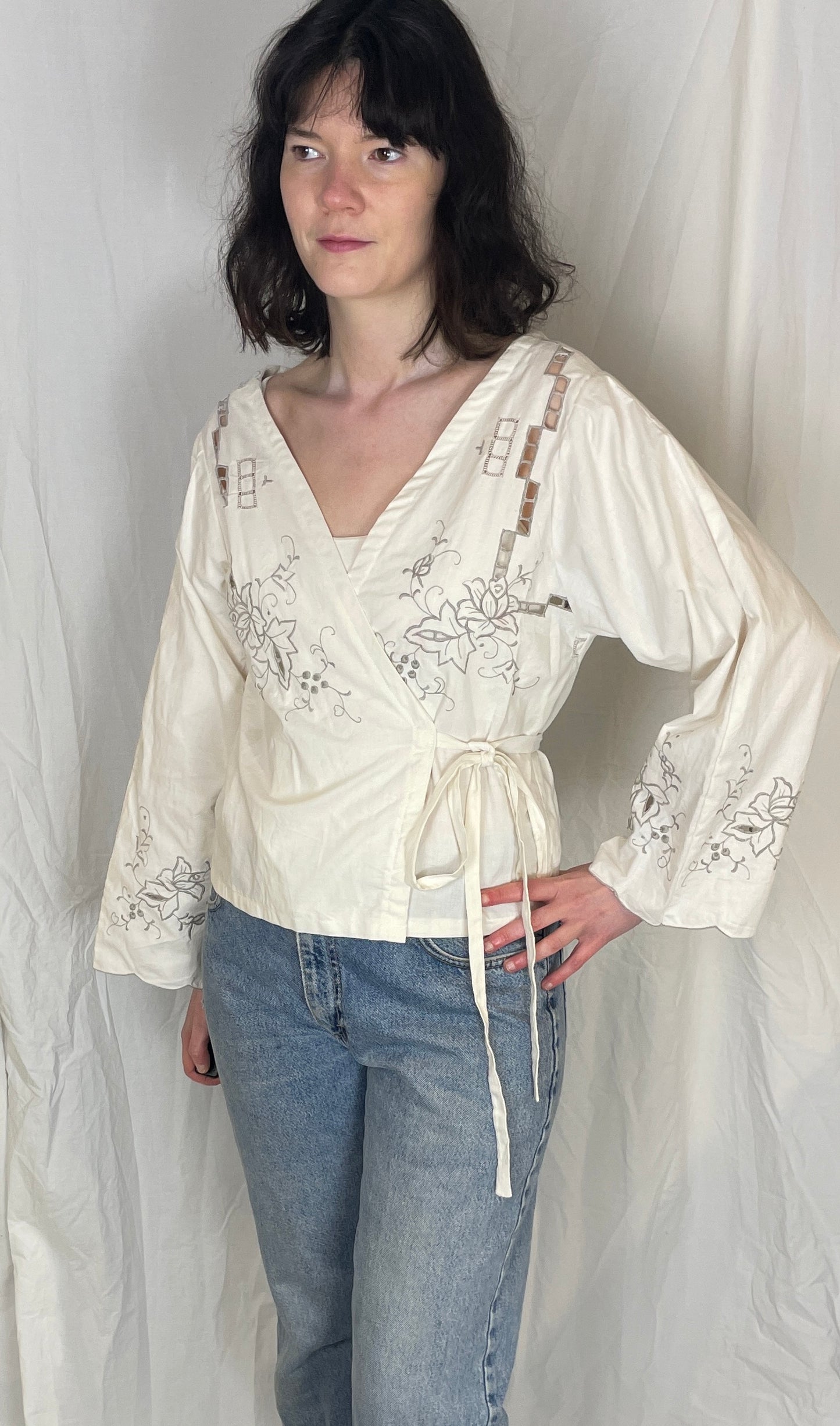 Eve Handmade White Linen Floral Embroidered Wrap Top - Up To Size 12