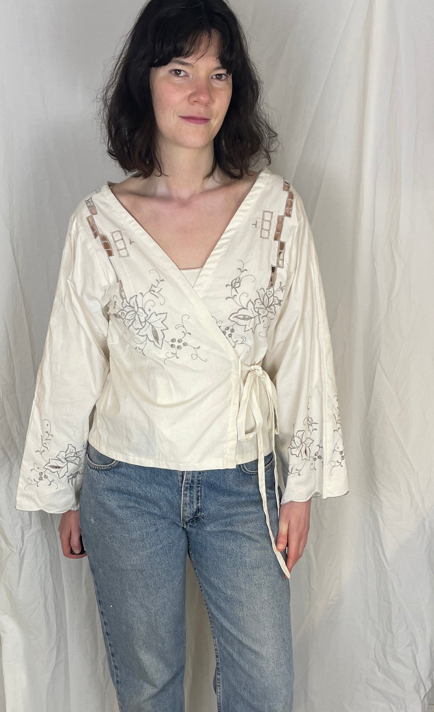 Eve Handmade White Linen Floral Embroidered Wrap Top - Up To Size 12