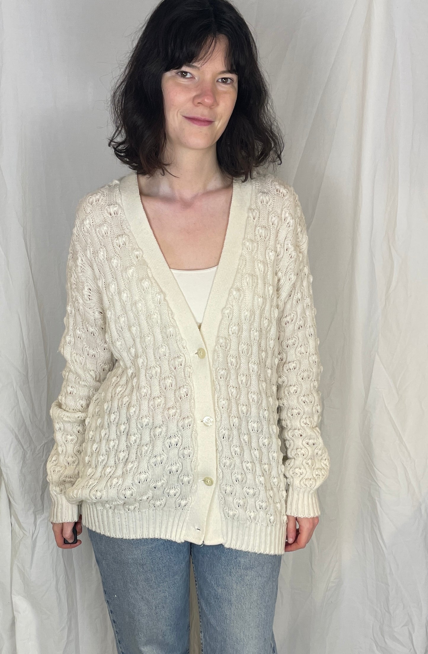 Vintage 90s Long White Bobble Knitted V-neck Cardigan - Up To Size 14