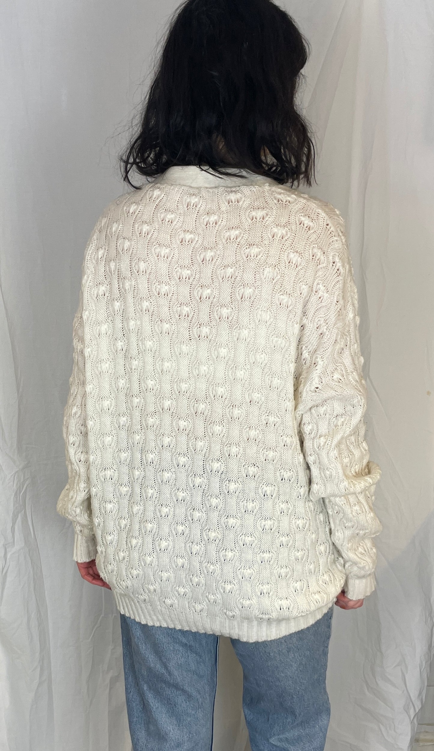 Vintage 90s Long White Bobble Knitted V-neck Cardigan - Up To Size 14
