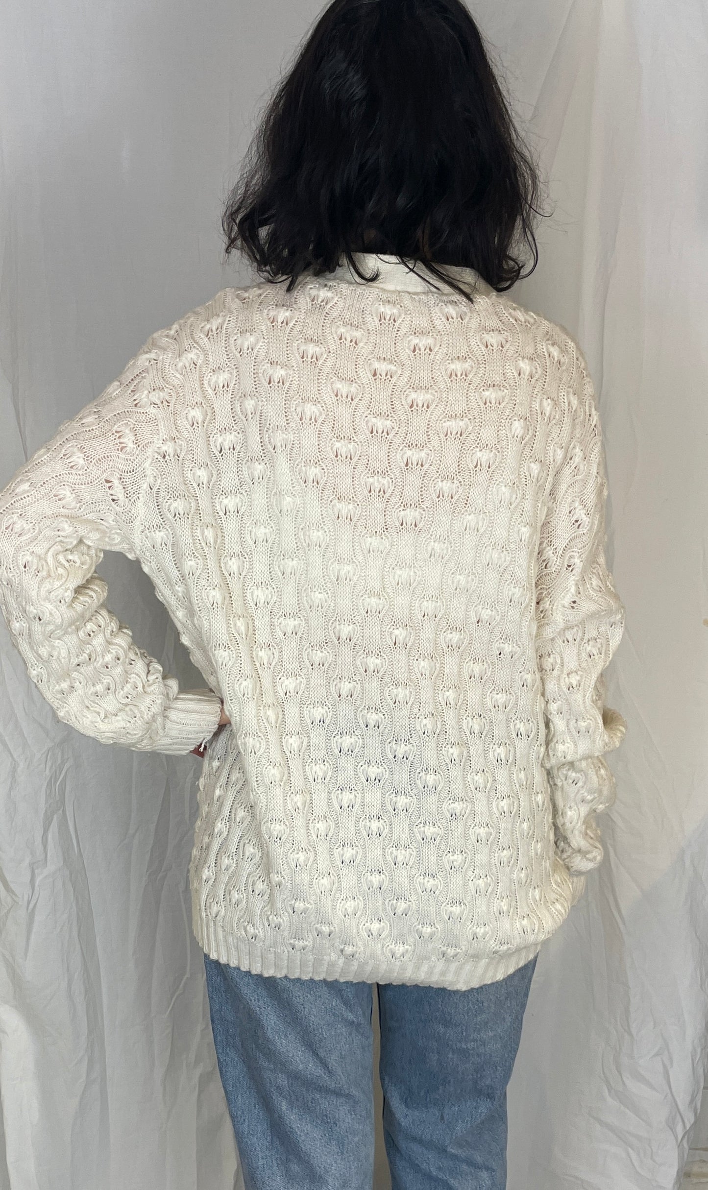 Vintage 90s Long White Bobble Knitted V-neck Cardigan - Up To Size 14