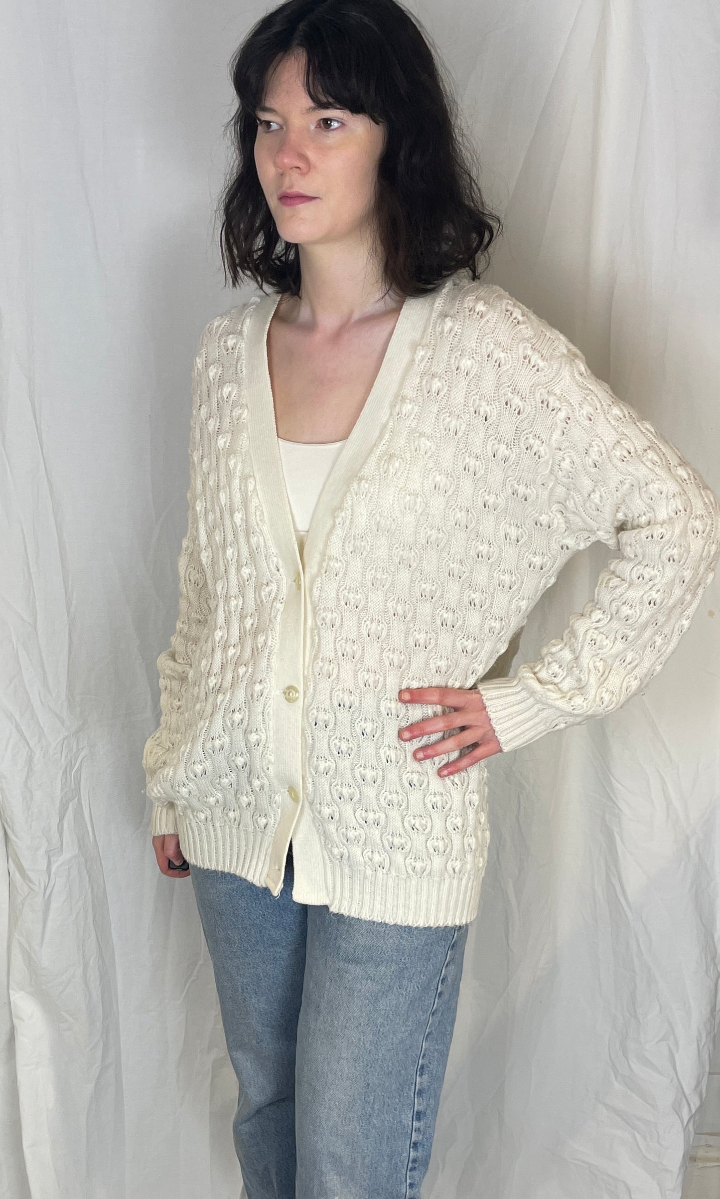 Vintage 90s Long White Bobble Knitted V-neck Cardigan - Up To Size 14