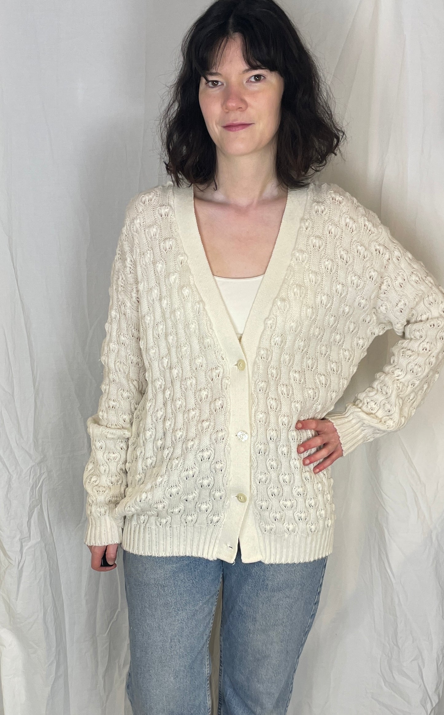 Vintage 90s Long White Bobble Knitted V-neck Cardigan - Up To Size 14