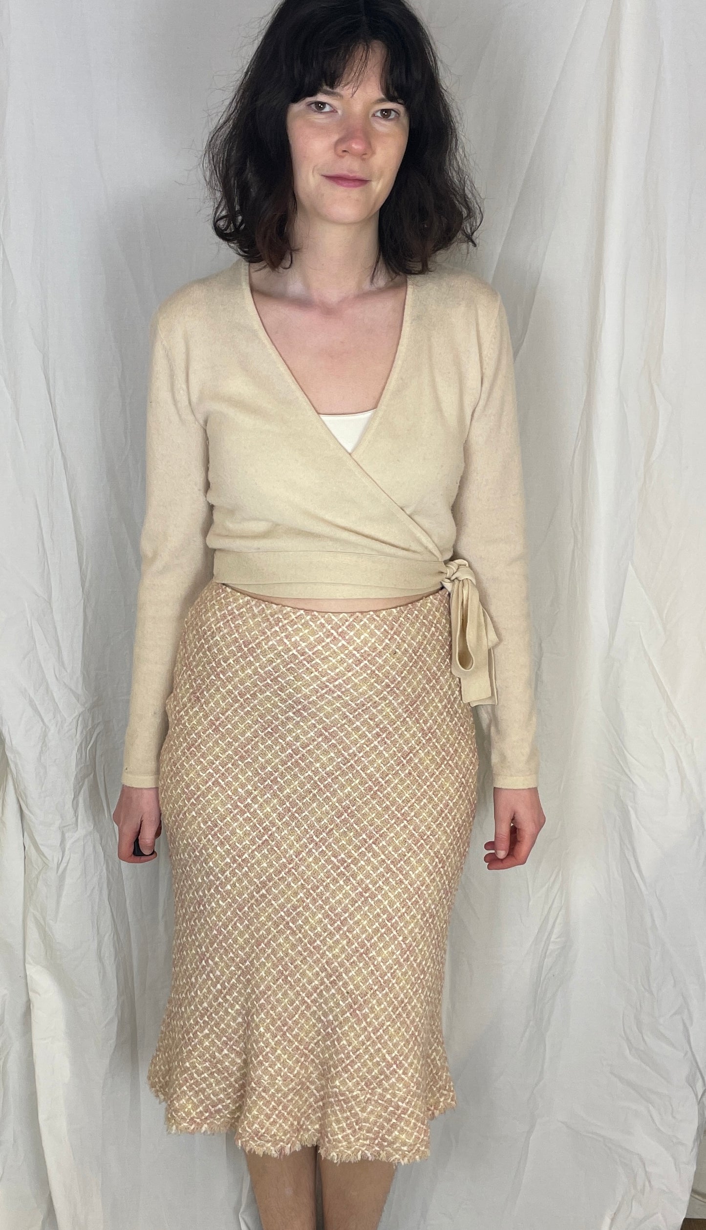 Vintage Y2K Pale Pink Wool Blend Tweed Midi Pencil Skirt - Size 12