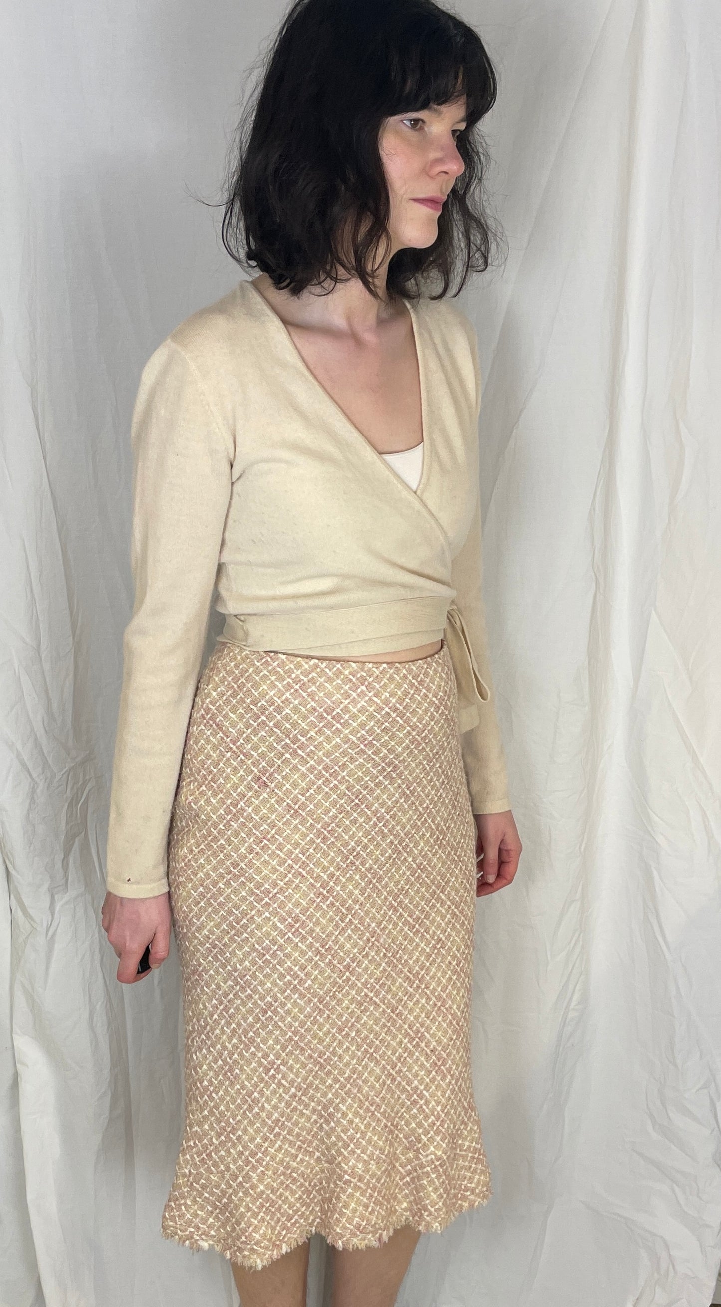 Vintage Y2K Pale Pink Wool Blend Tweed Midi Pencil Skirt - Size 12