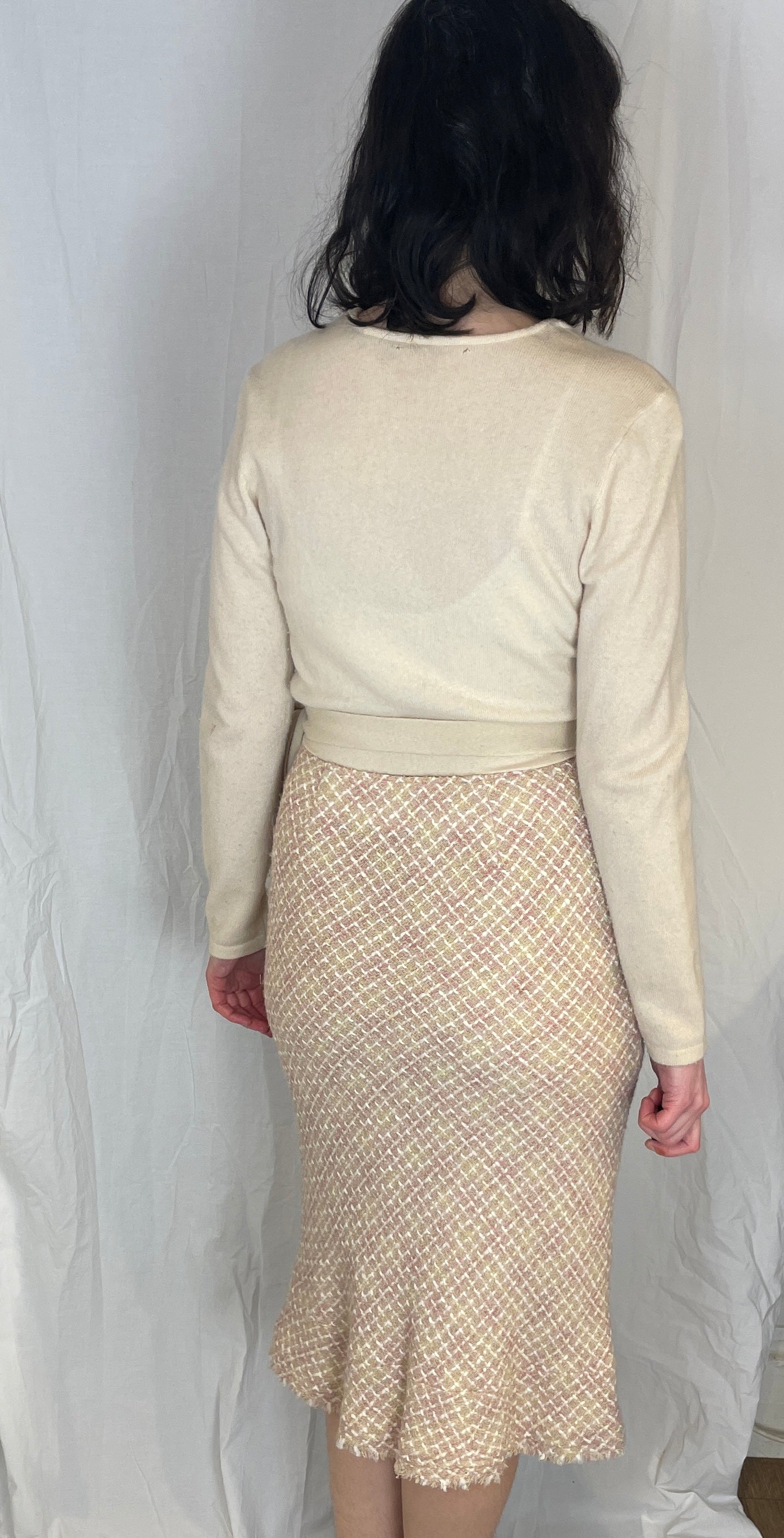 Vintage Y2K Pale Pink Wool Blend Tweed Midi Pencil Skirt - Size 12