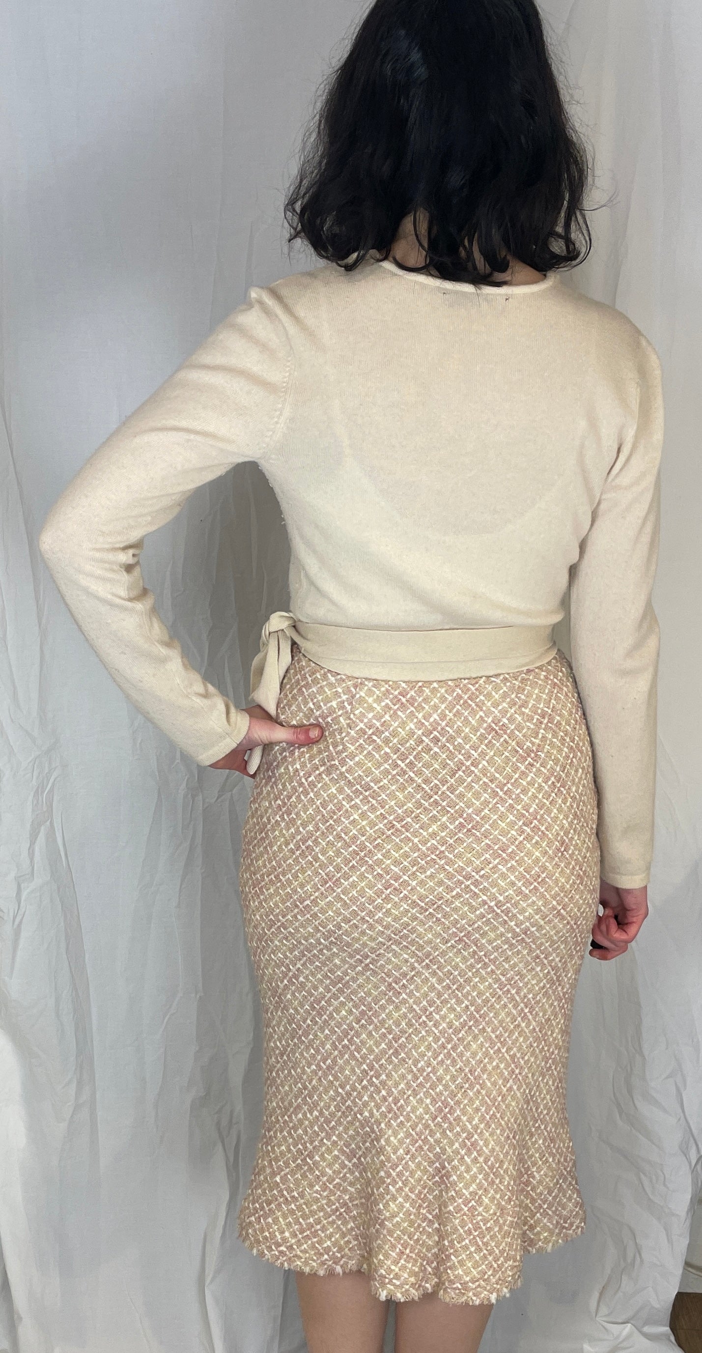 Vintage Y2K Pale Pink Wool Blend Tweed Midi Pencil Skirt - Size 12