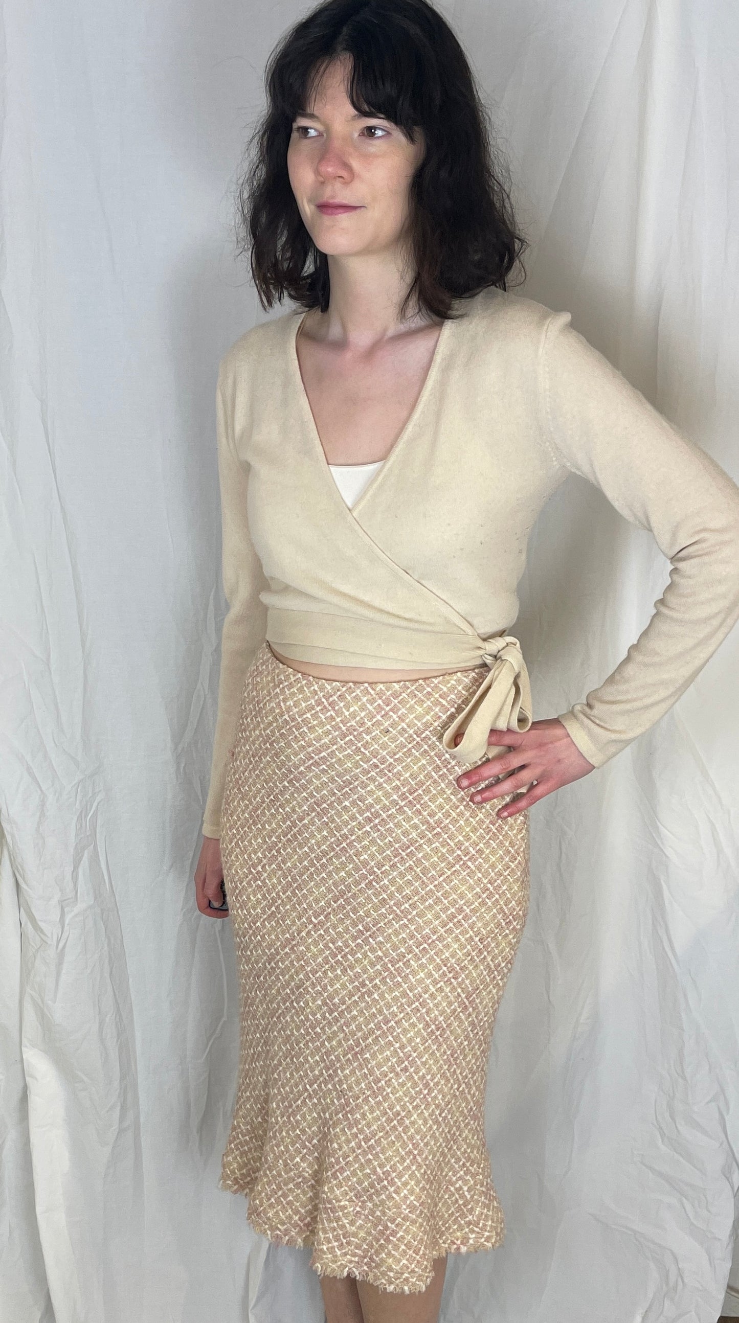 Vintage Y2K Pale Pink Wool Blend Tweed Midi Pencil Skirt - Size 12