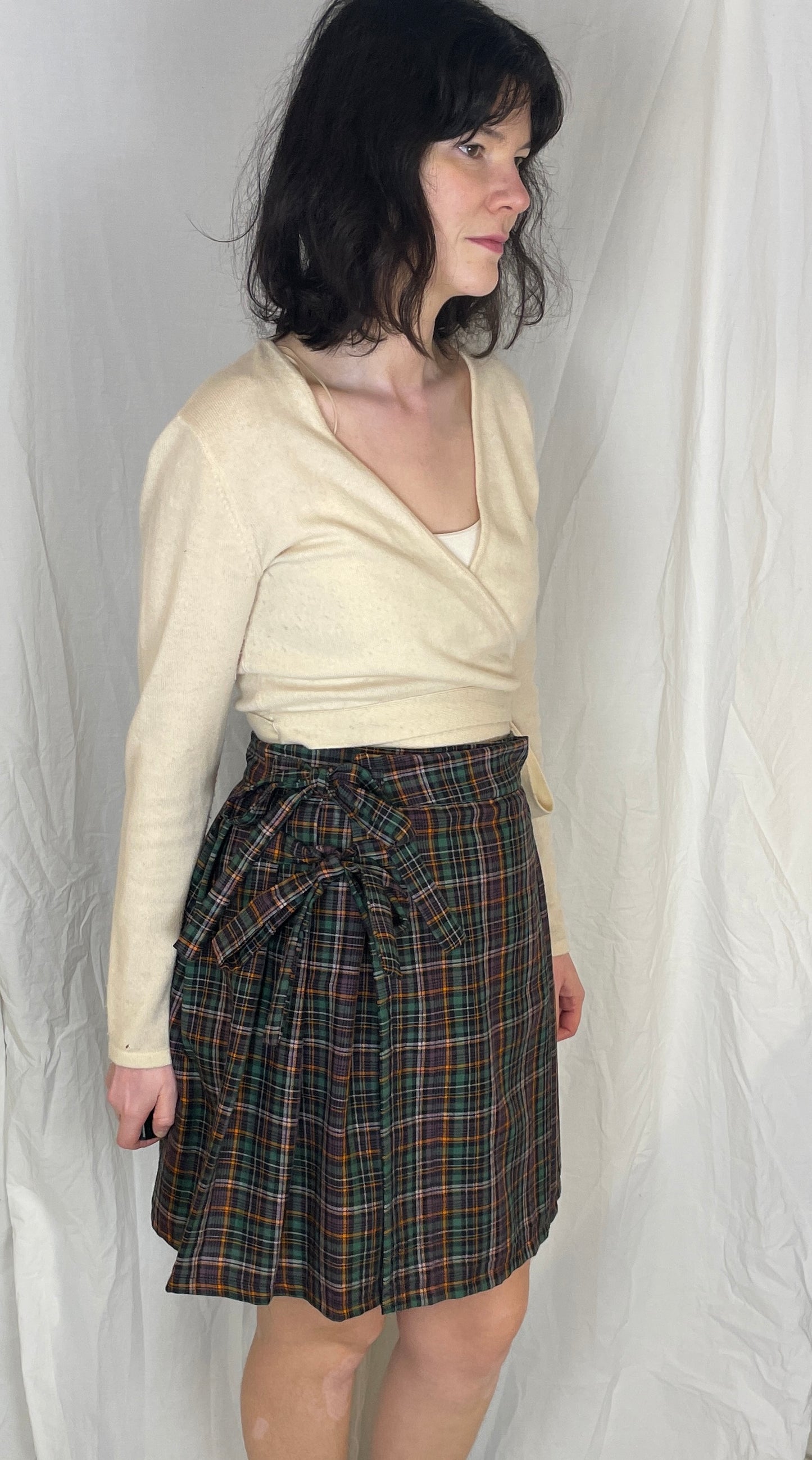 Bonnie Handmade Purple Cotton Checked Pleated Wrap Mini Skirt - Size 10 and 12