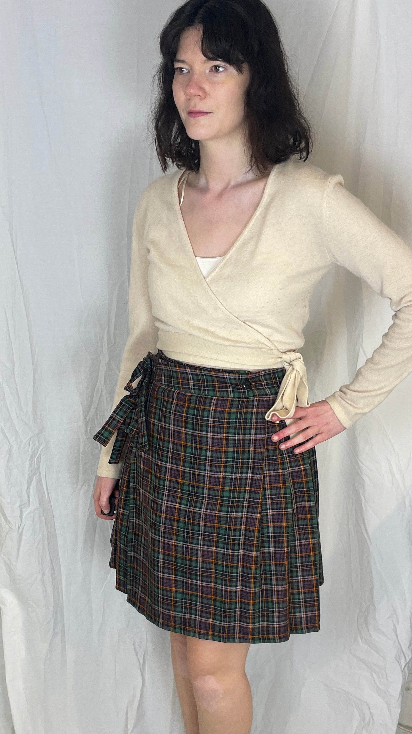 Bonnie Handmade Purple Cotton Checked Pleated Wrap Mini Skirt - Size 10 and 12