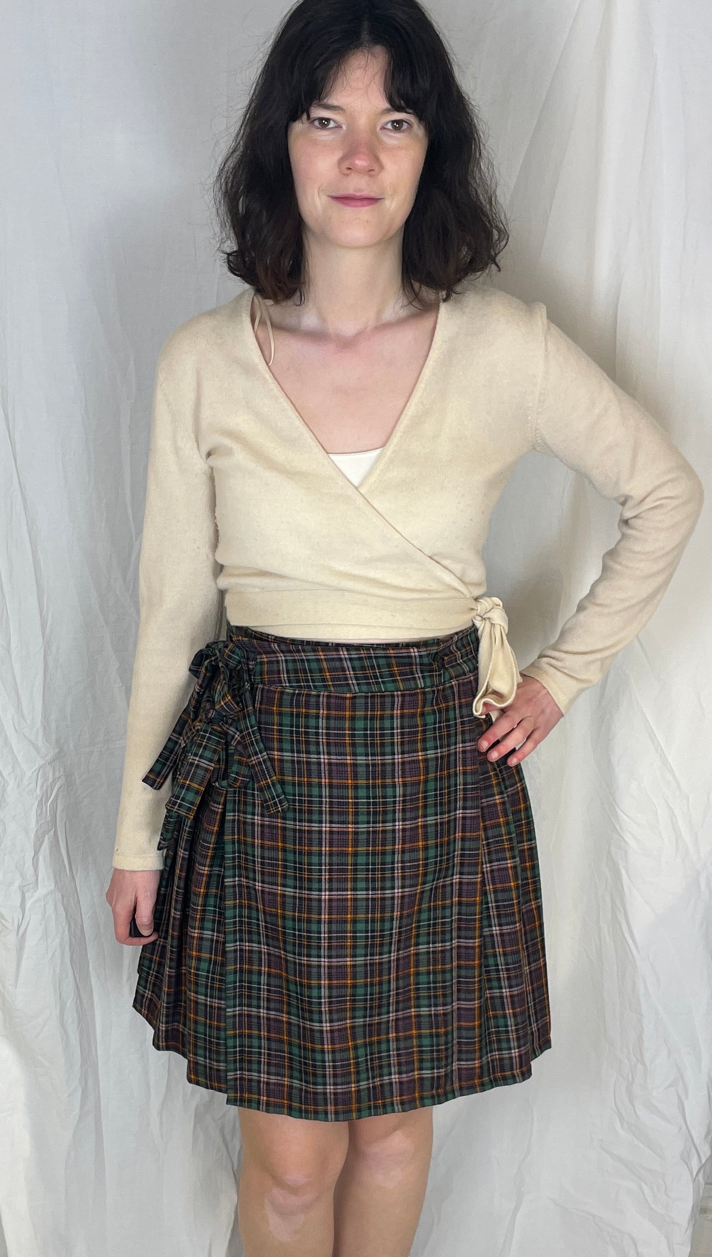 Bonnie Handmade Purple Cotton Checked Pleated Wrap Mini Skirt - Size 10 and 12