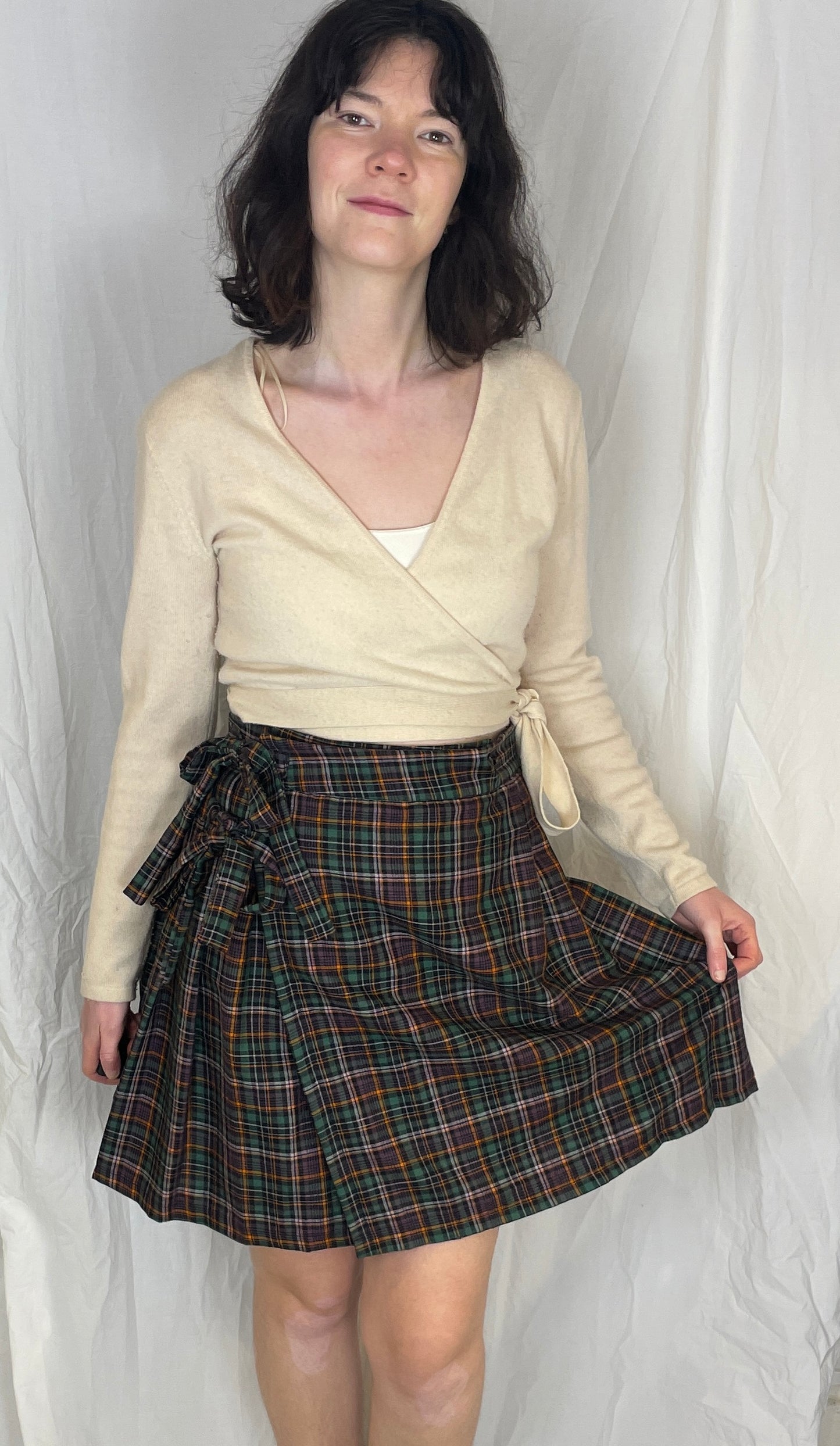 Bonnie Handmade Purple Cotton Checked Pleated Wrap Mini Skirt - Size 10 and 12