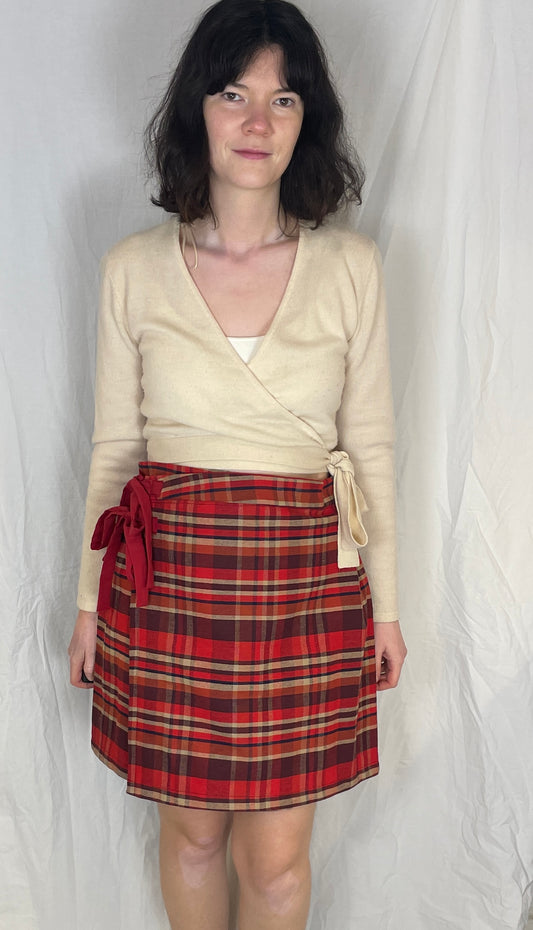 Bonnie Handmade Red Cotton Checked Pleated Wrap Mini Skirt - Size 10 and 12