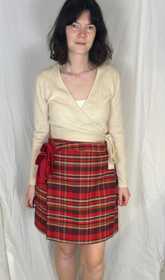 Bonnie Handmade Red Cotton Checked Pleated Wrap Mini Skirt - Size 10 and 12
