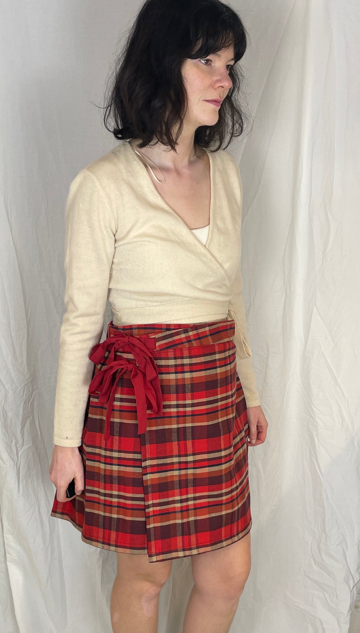 Bonnie Handmade Red Cotton Checked Pleated Wrap Mini Skirt - Size 10 and 12