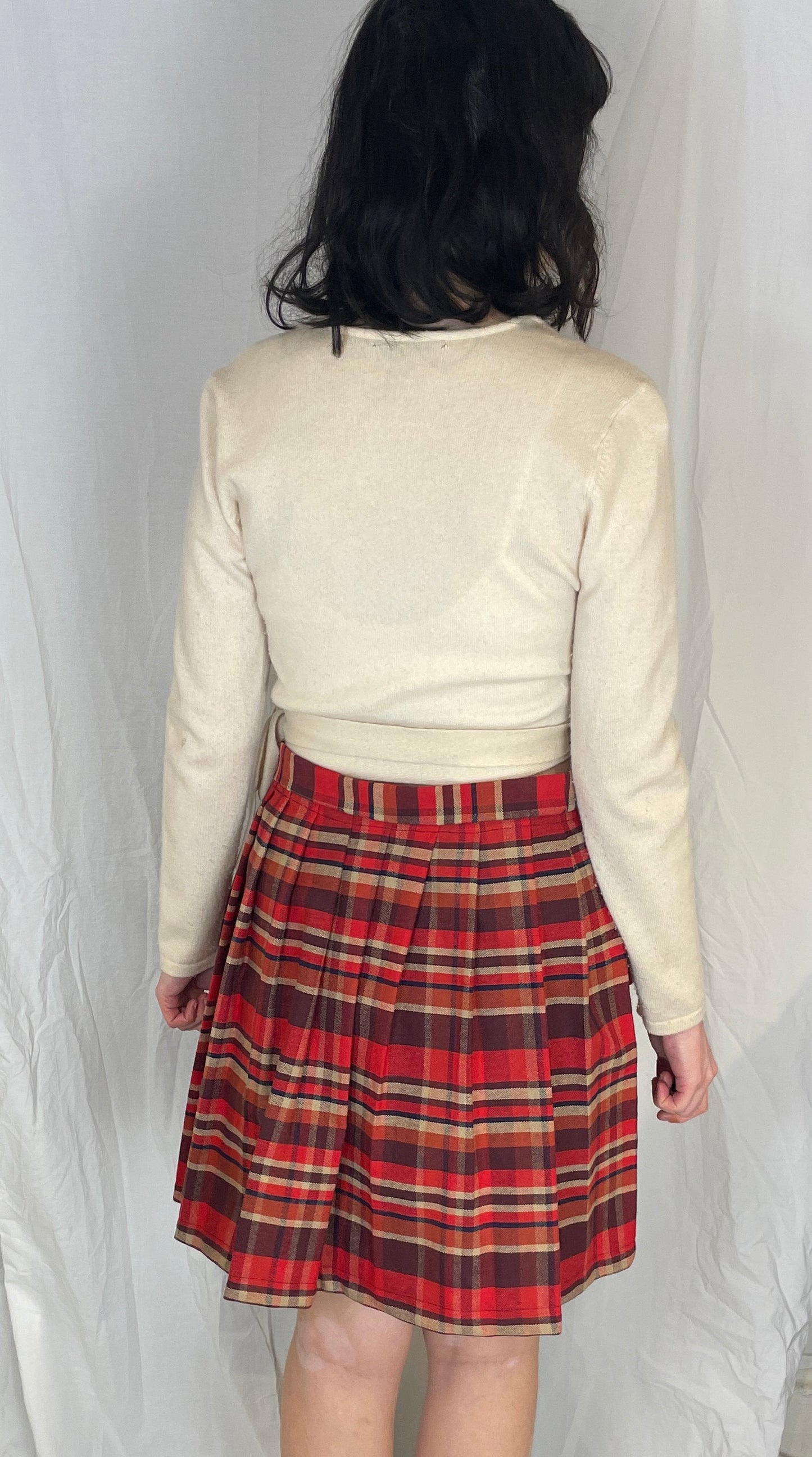 Bonnie Handmade Red Cotton Checked Pleated Wrap Mini Skirt - Size 10 and 12