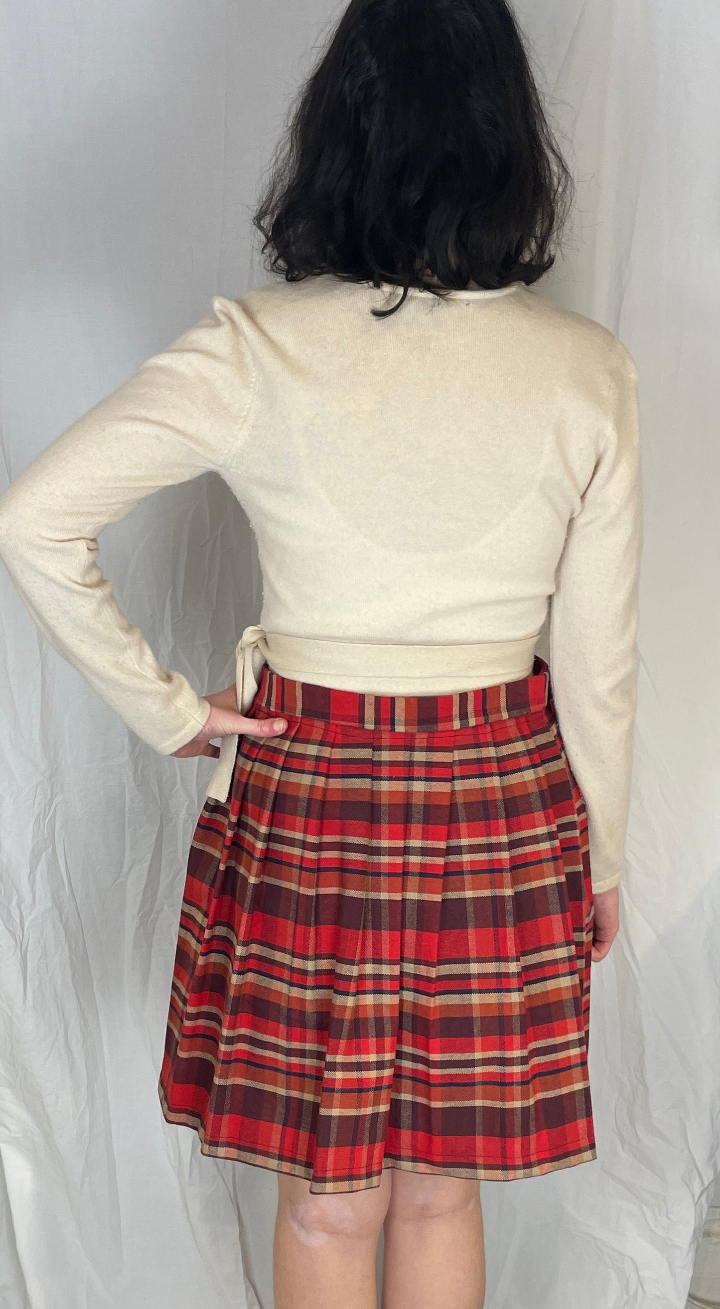 Bonnie Handmade Red Cotton Checked Pleated Wrap Mini Skirt - Size 10 and 12