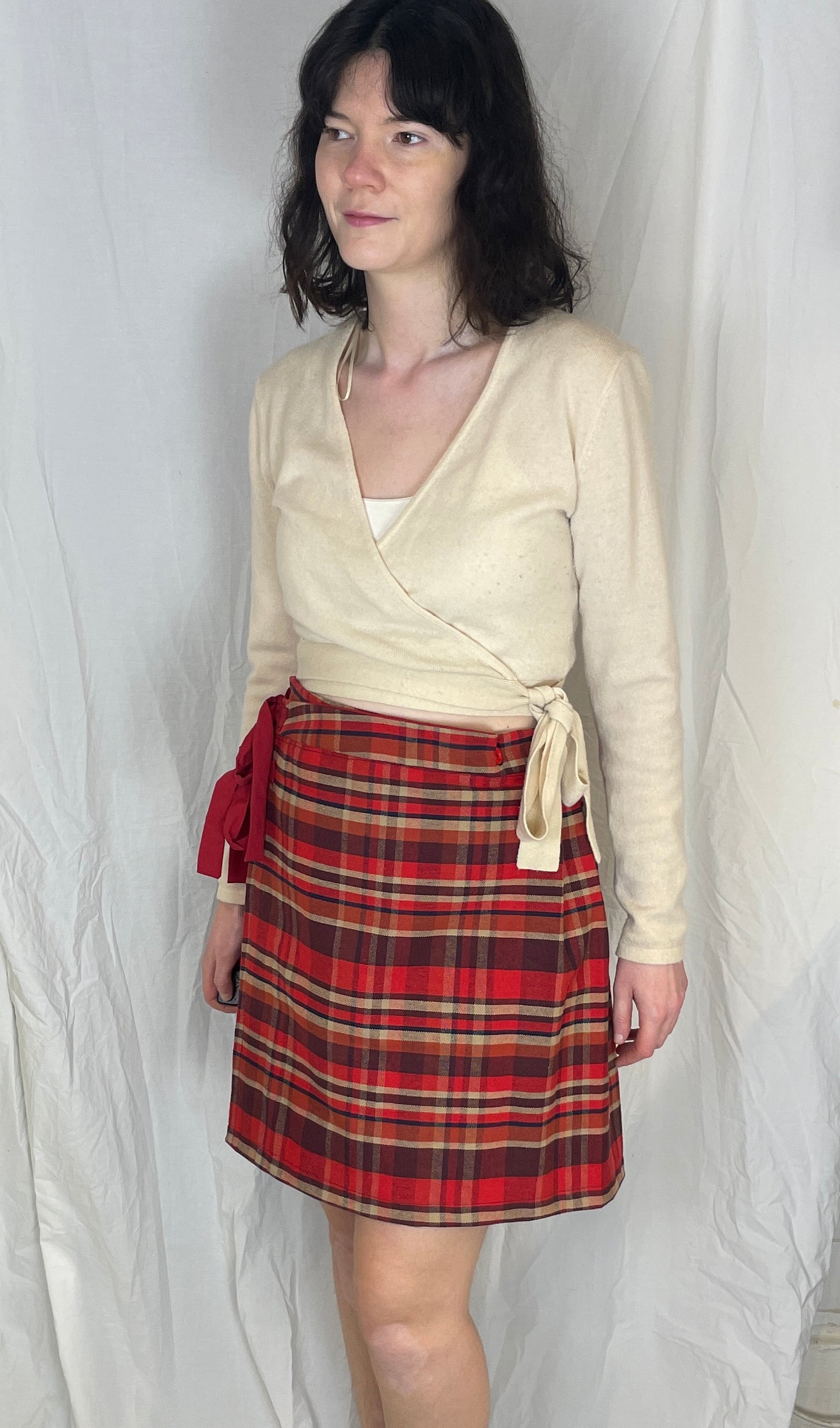 Bonnie Handmade Red Cotton Checked Pleated Wrap Mini Skirt - Size 10 and 12