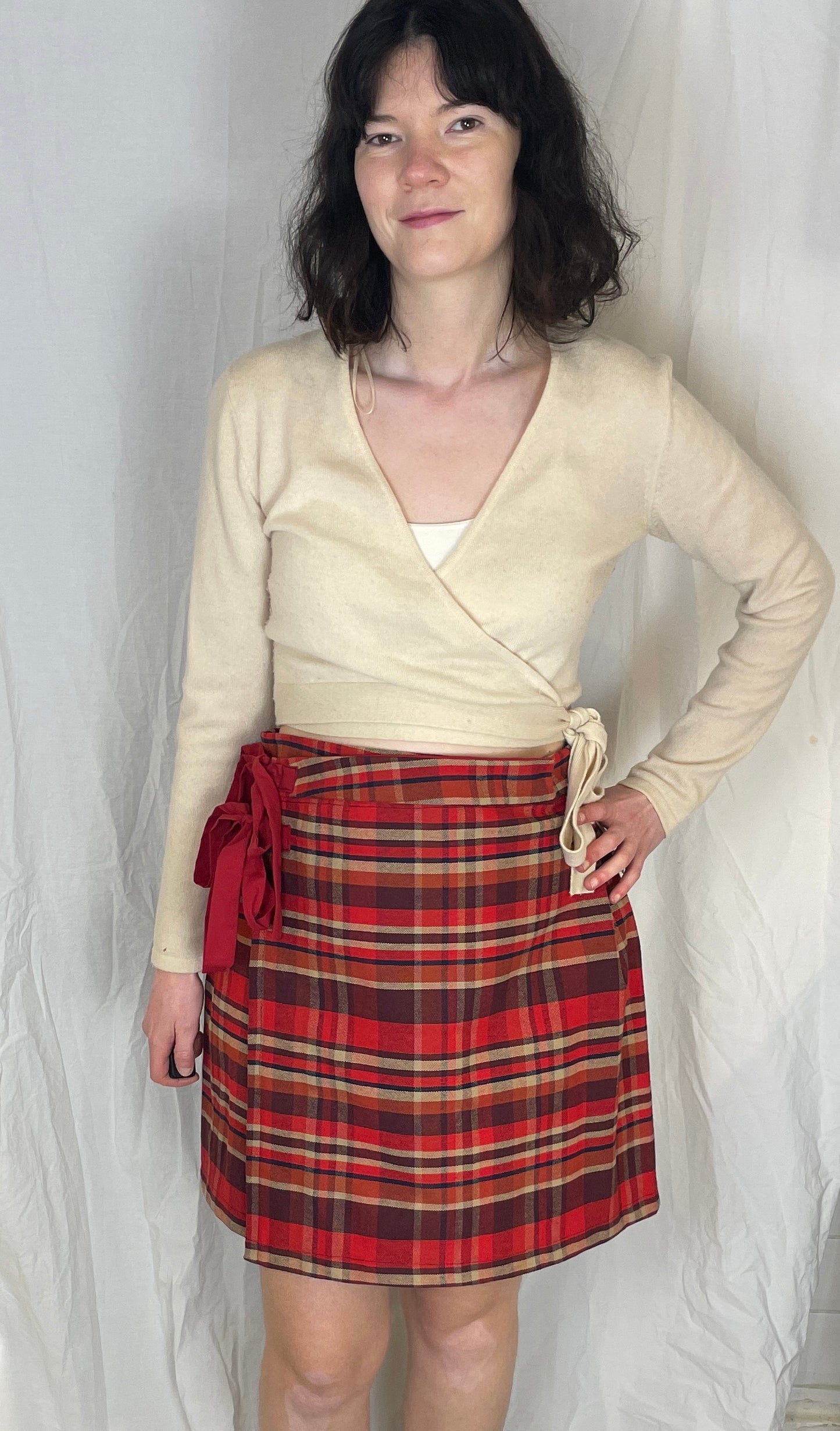 Bonnie Handmade Red Cotton Checked Pleated Wrap Mini Skirt - Size 10 and 12