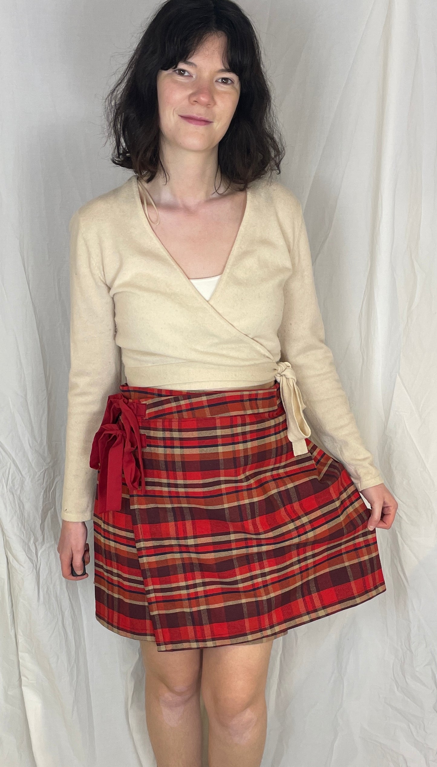 Bonnie Handmade Red Cotton Checked Pleated Wrap Mini Skirt - Size 10 and 12