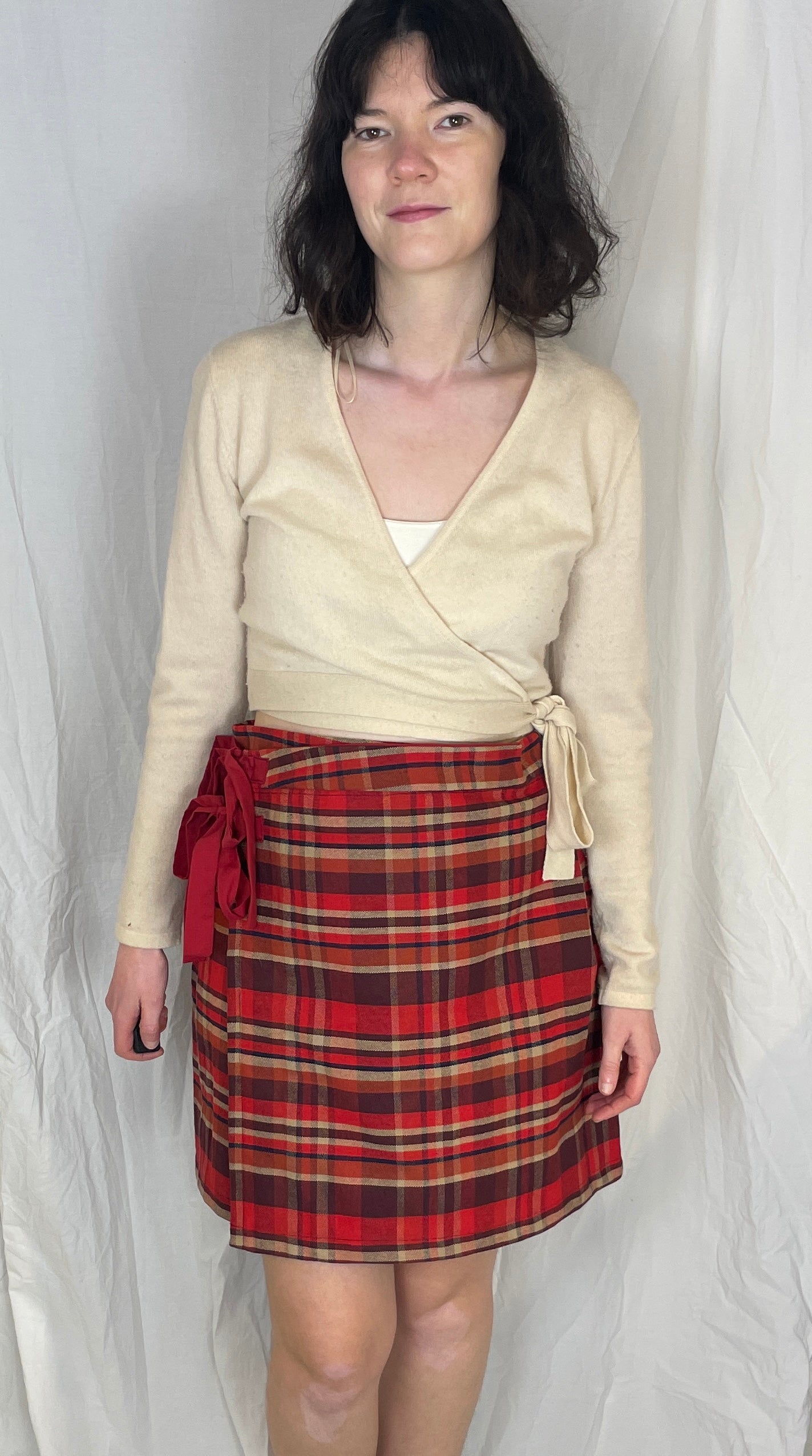 Bonnie Handmade Red Cotton Checked Pleated Wrap Mini Skirt - Size 10 and 12