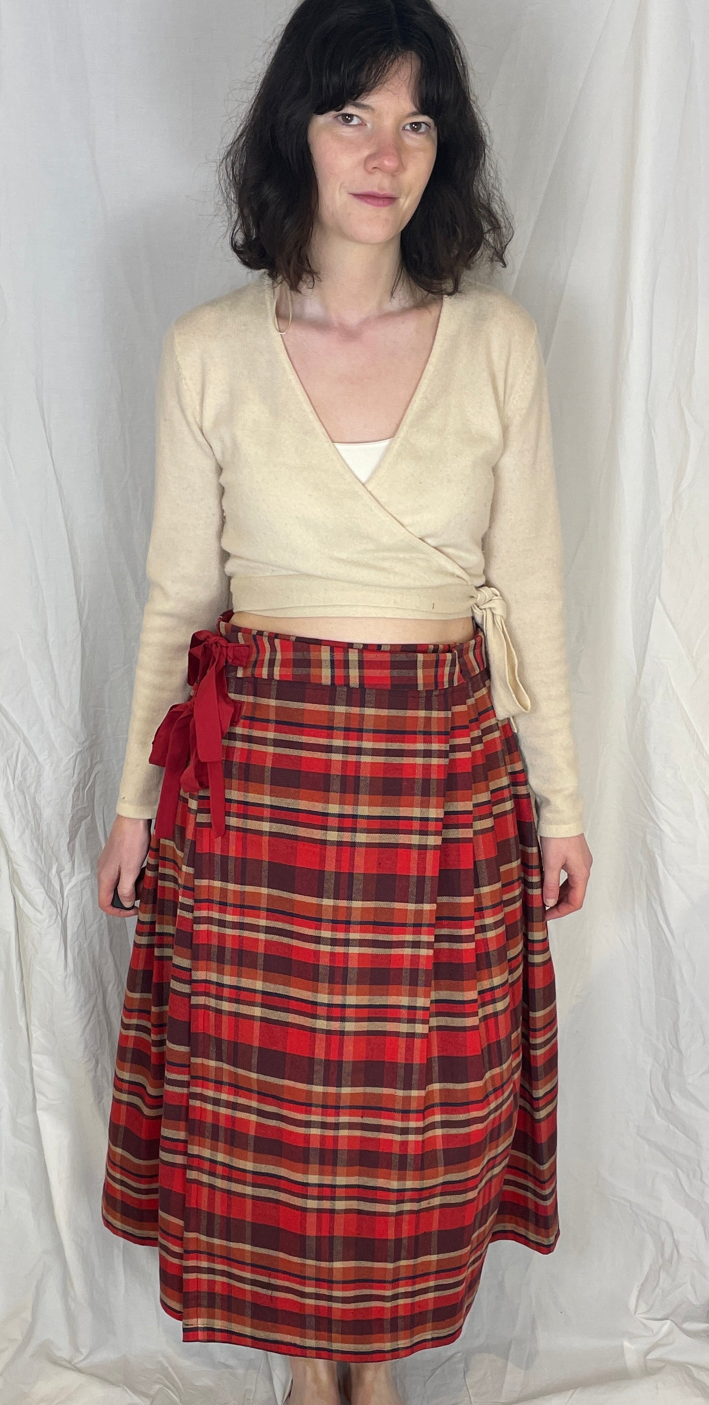 Bonnie Handmade Red Cotton Checked Pleated Wrap Maxi Skirt - Size 12 and 14