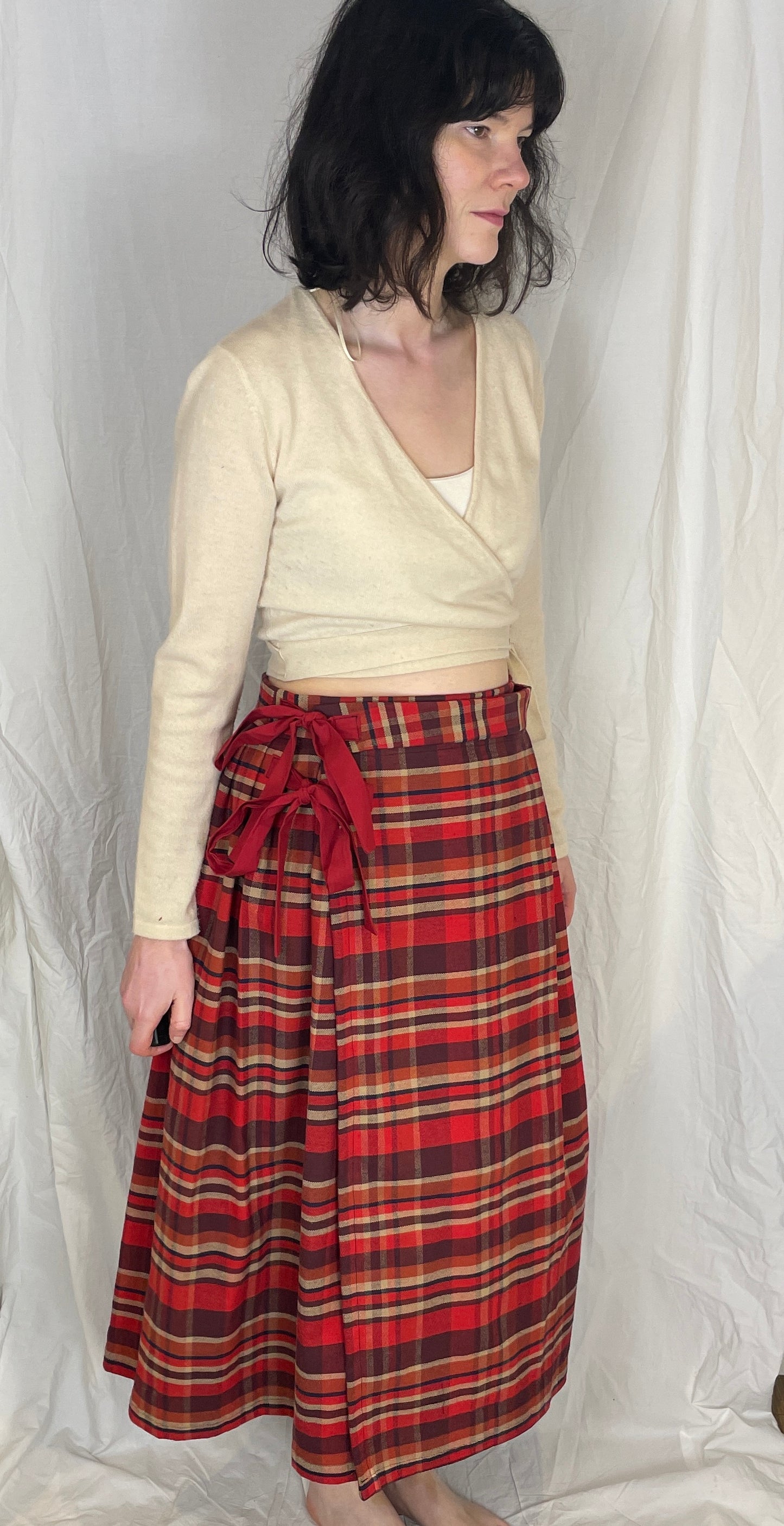 Bonnie Handmade Red Cotton Checked Pleated Wrap Maxi Skirt - Size 12 and 14