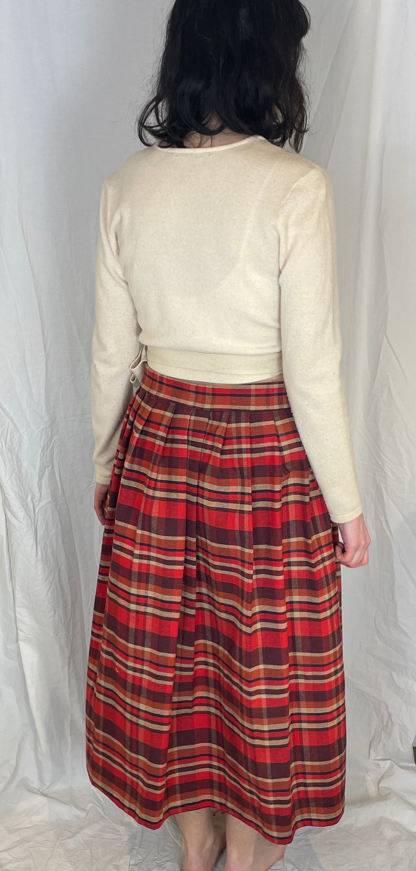 Bonnie Handmade Red Cotton Checked Pleated Wrap Maxi Skirt - Size 12 and 14