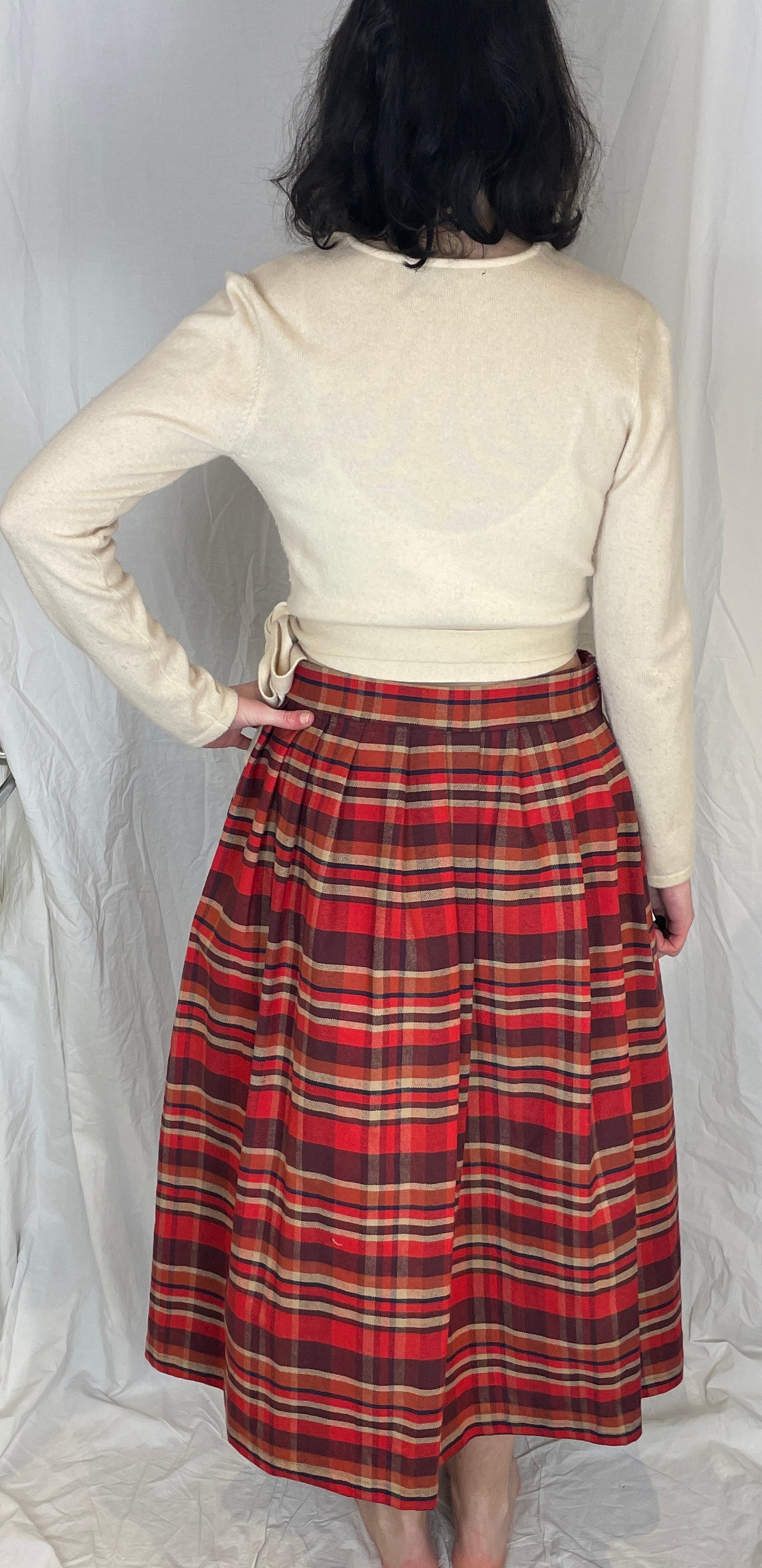 Bonnie Handmade Red Cotton Checked Pleated Wrap Maxi Skirt - Size 12 and 14