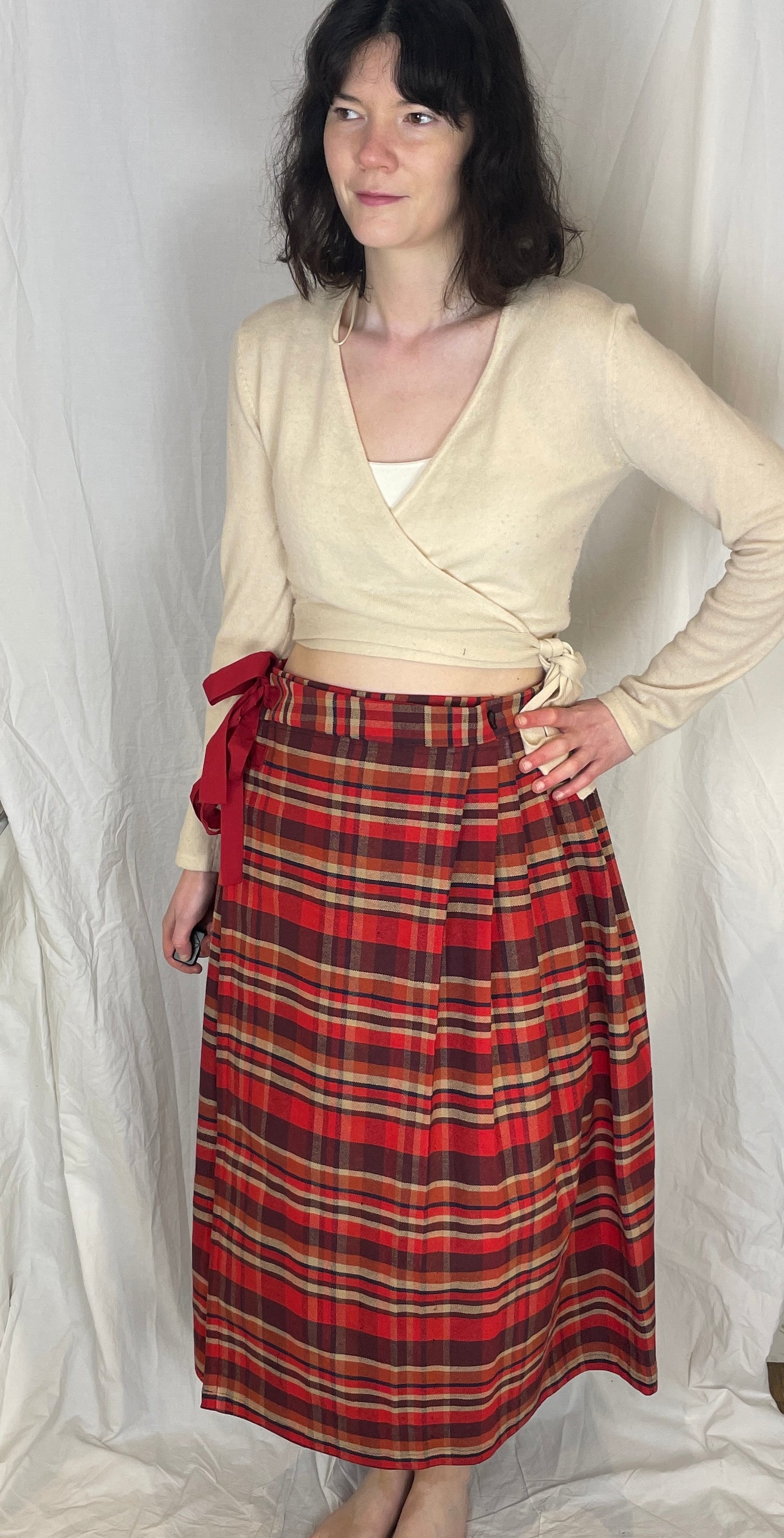 Bonnie Handmade Red Cotton Checked Pleated Wrap Maxi Skirt - Size 12 and 14