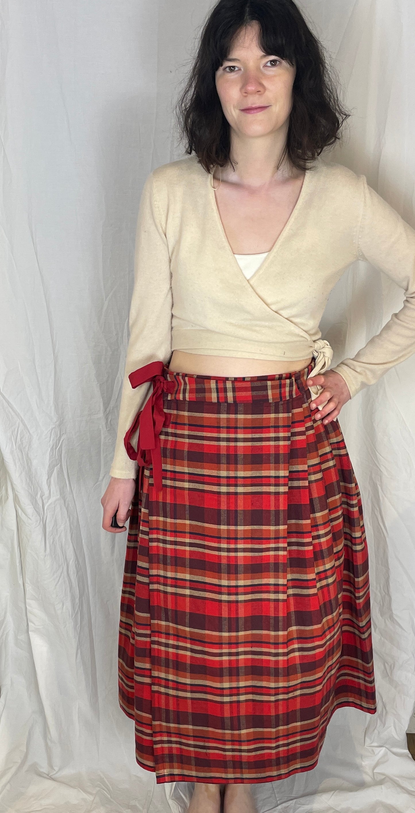 Bonnie Handmade Red Cotton Checked Pleated Wrap Maxi Skirt - Size 12 and 14