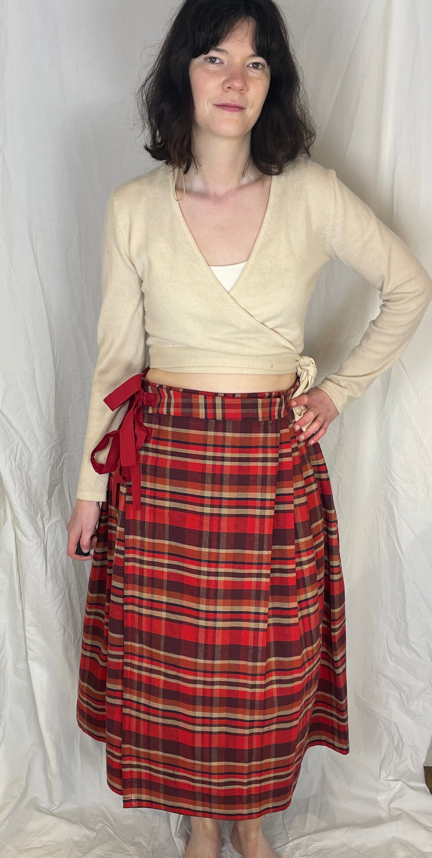 Bonnie Handmade Red Cotton Checked Pleated Wrap Maxi Skirt - Size 12 and 14