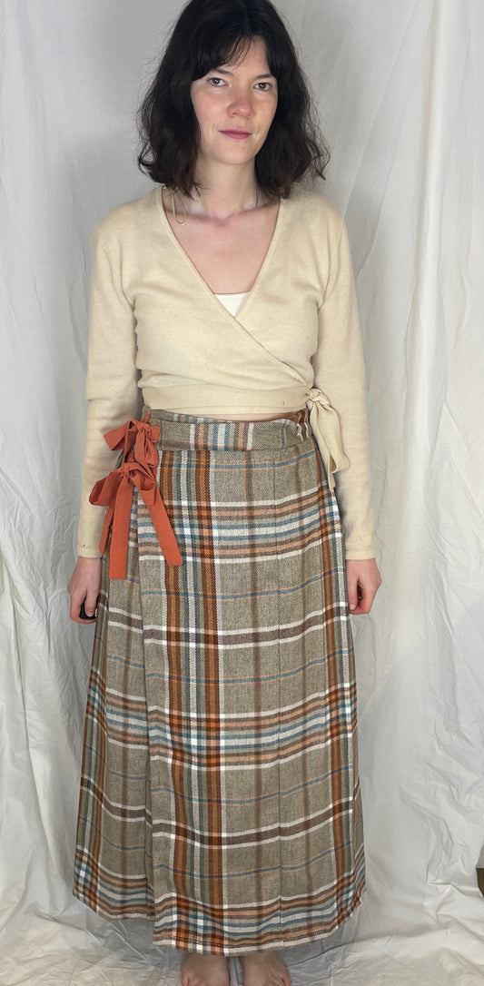 Bonnie Handmade Grey and Orange Wool Blend Checked Pleated Wrap Maxi Skirt - Size 10 and 12