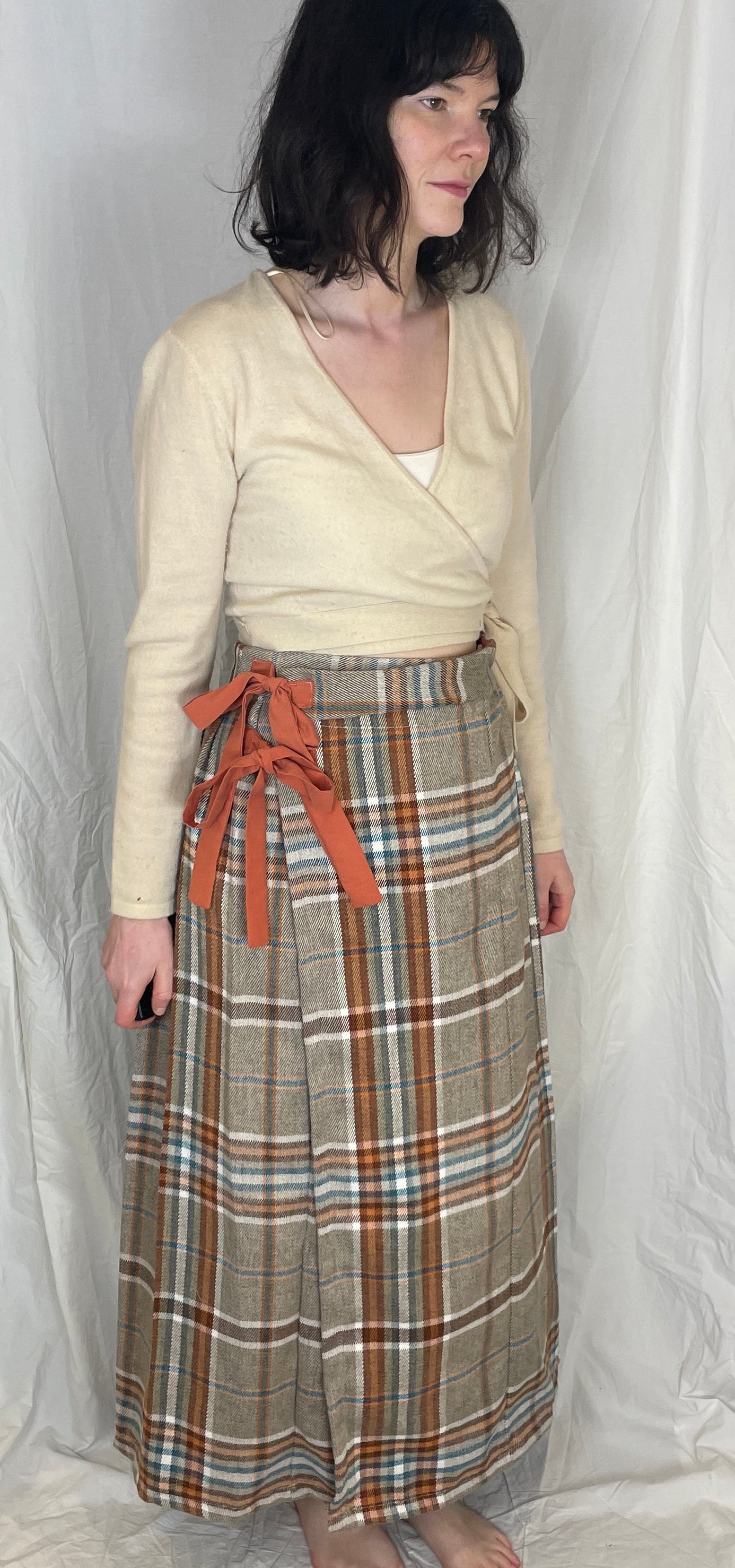 Bonnie Handmade Grey and Orange Wool Blend Checked Pleated Wrap Maxi Skirt - Size 10 and 12