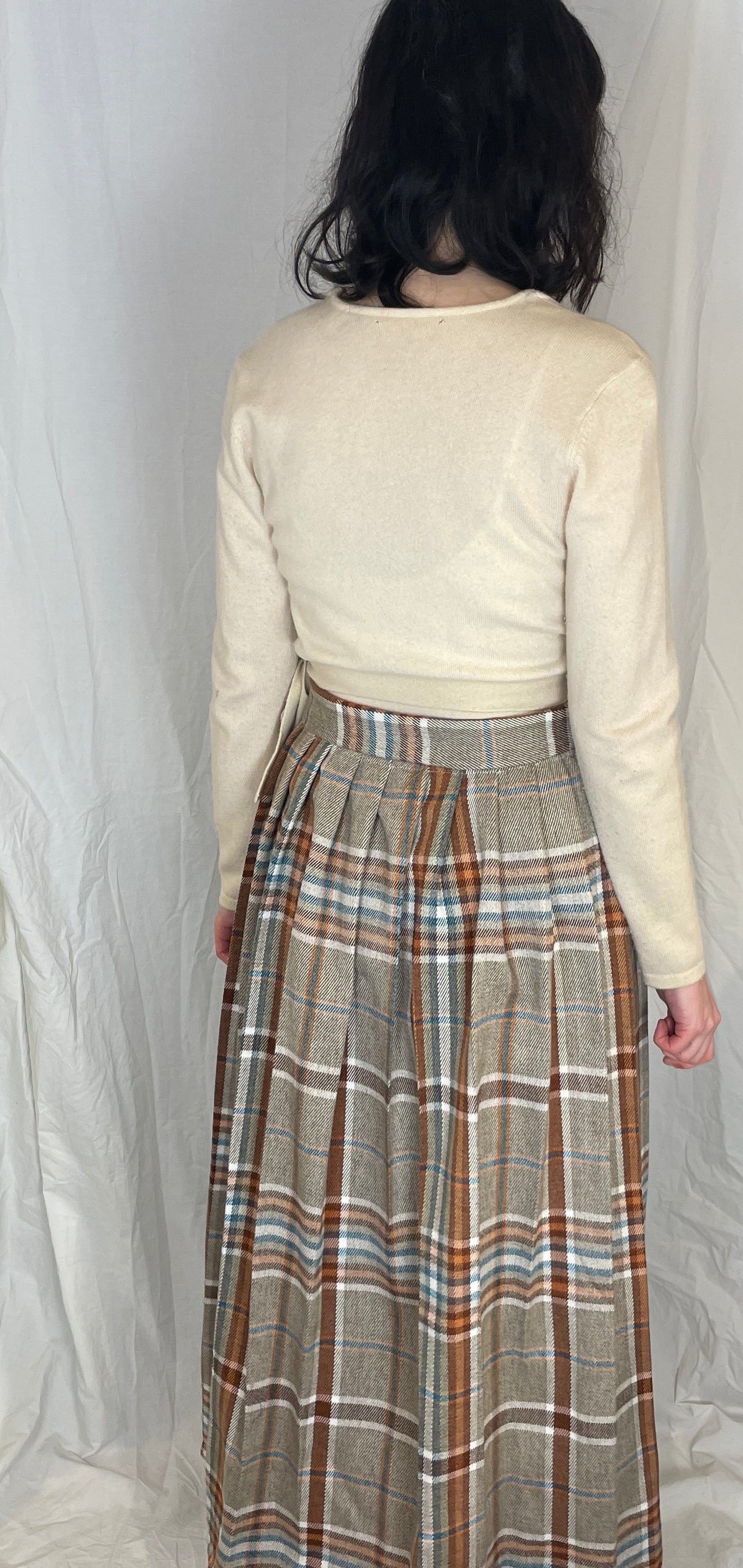 Bonnie Handmade Grey and Orange Wool Blend Checked Pleated Wrap Maxi Skirt - Size 10 and 12