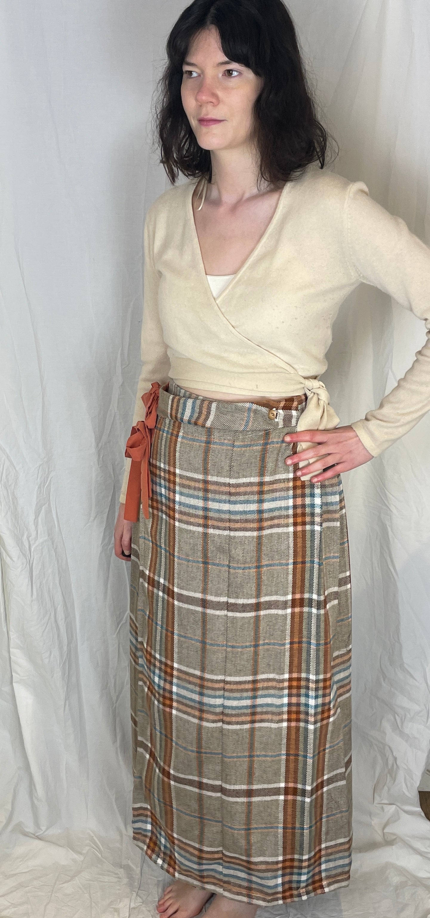 Bonnie Handmade Grey and Orange Wool Blend Checked Pleated Wrap Maxi Skirt - Size 10 and 12