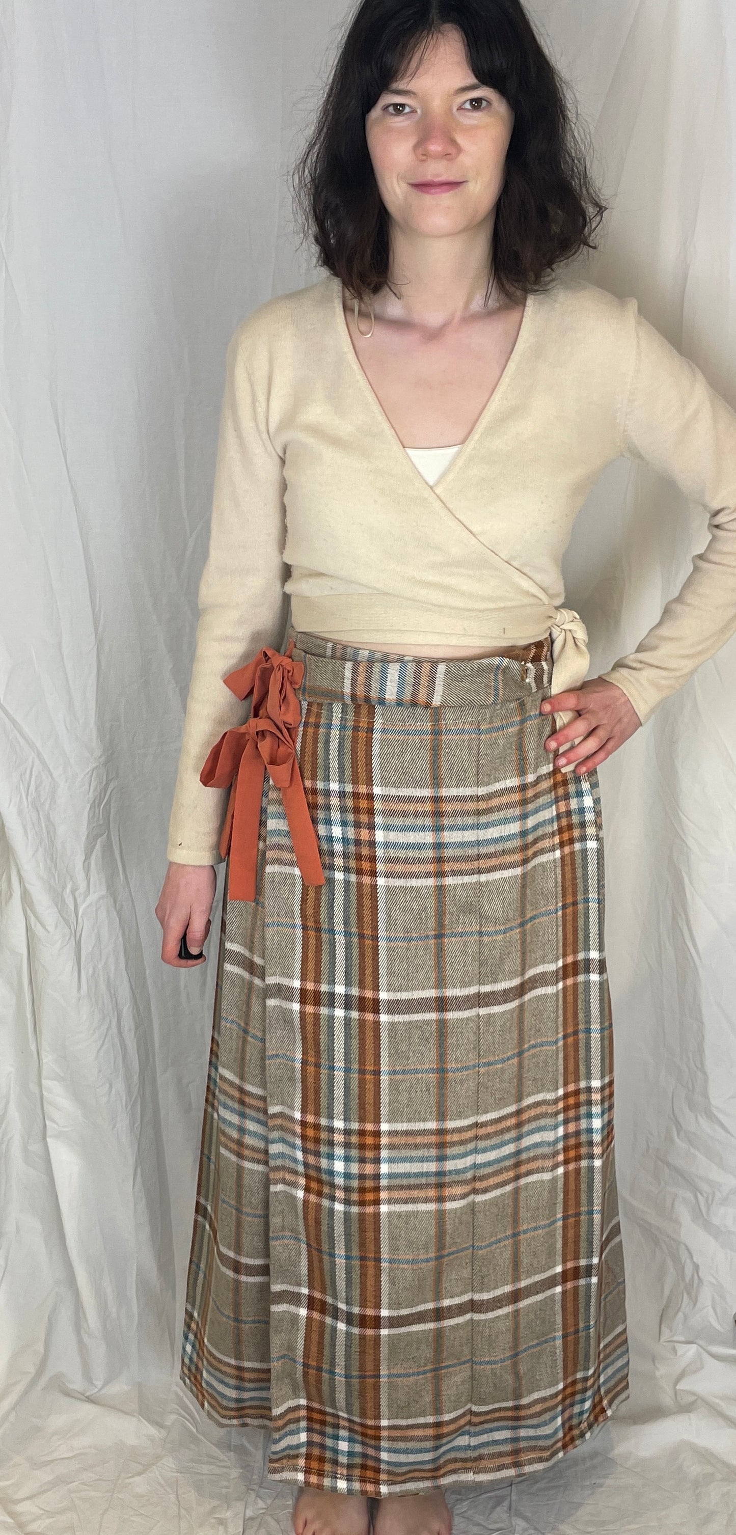 Bonnie Handmade Grey and Orange Wool Blend Checked Pleated Wrap Maxi Skirt - Size 10 and 12