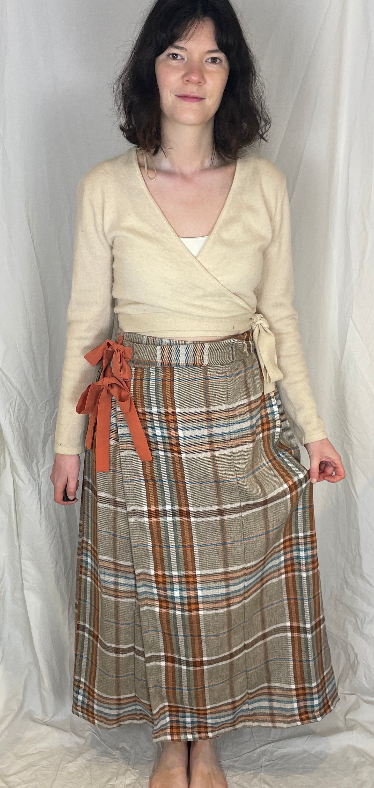 Bonnie Handmade Grey and Orange Wool Blend Checked Pleated Wrap Maxi Skirt - Size 10 and 12