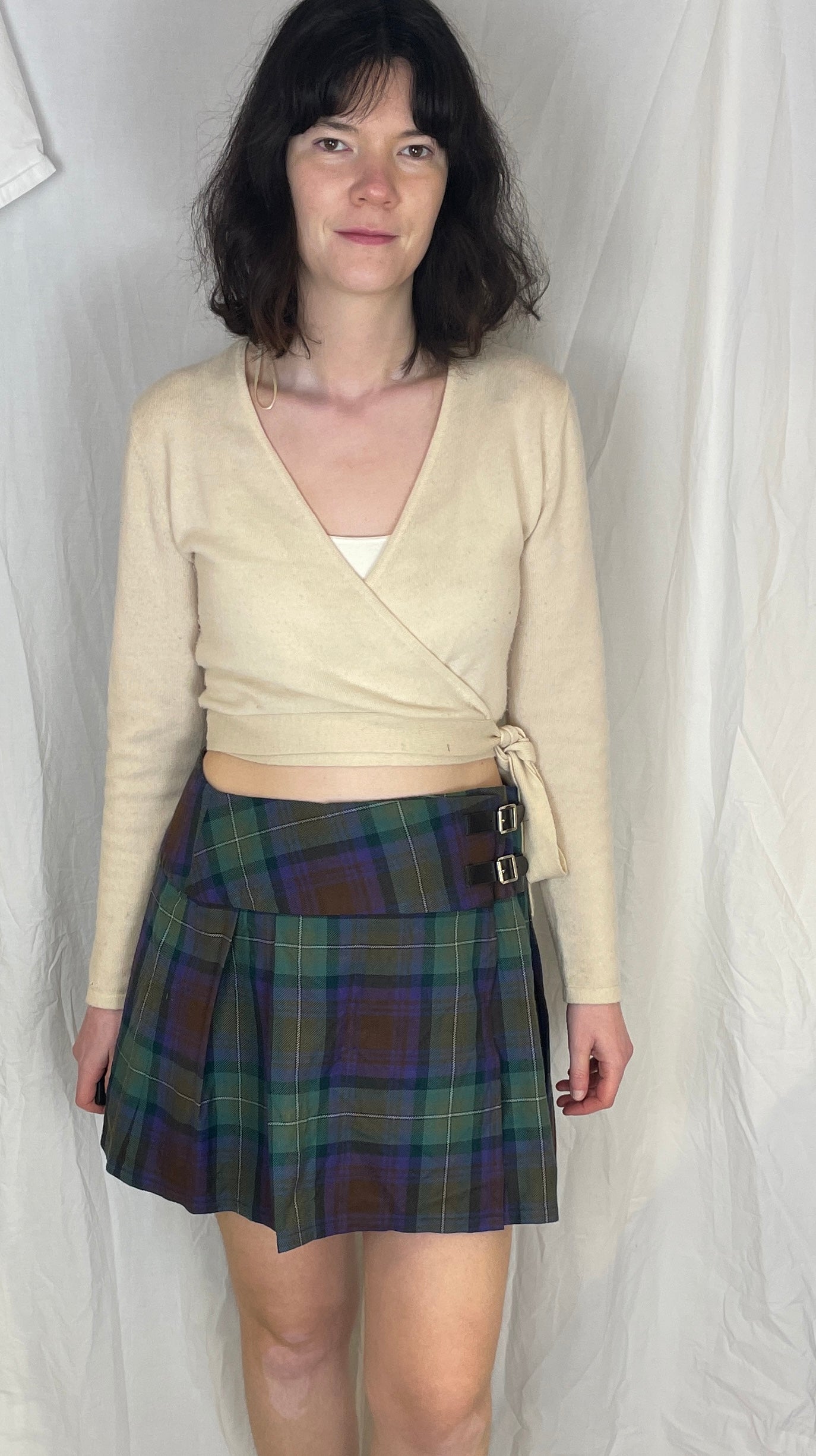 Vintage 80s Purple and Green Checked Wool Pleated Mini Wrap Skirt - Up To Size 12