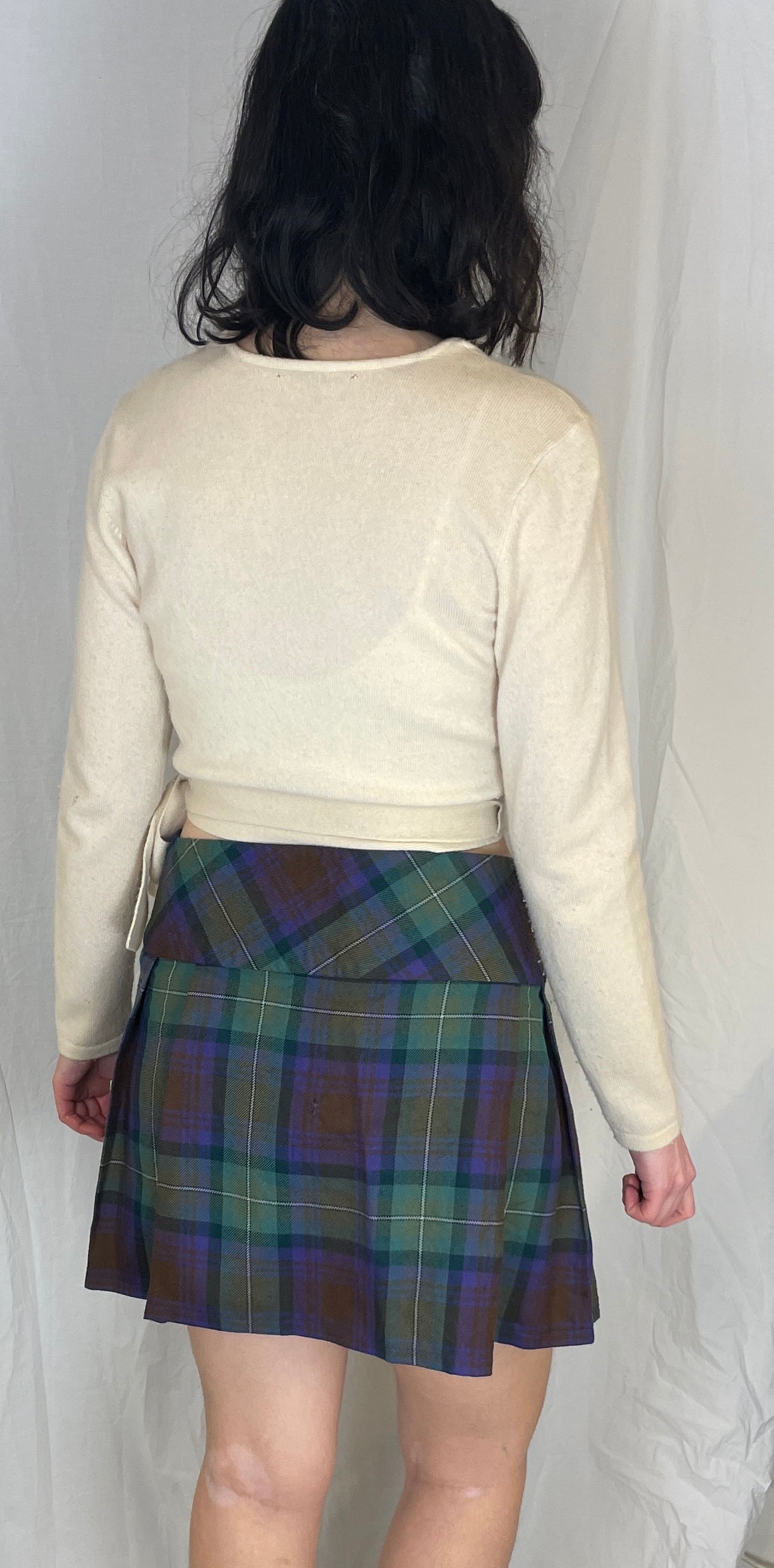 Vintage 80s Purple and Green Checked Wool Pleated Mini Wrap Skirt - Up To Size 12
