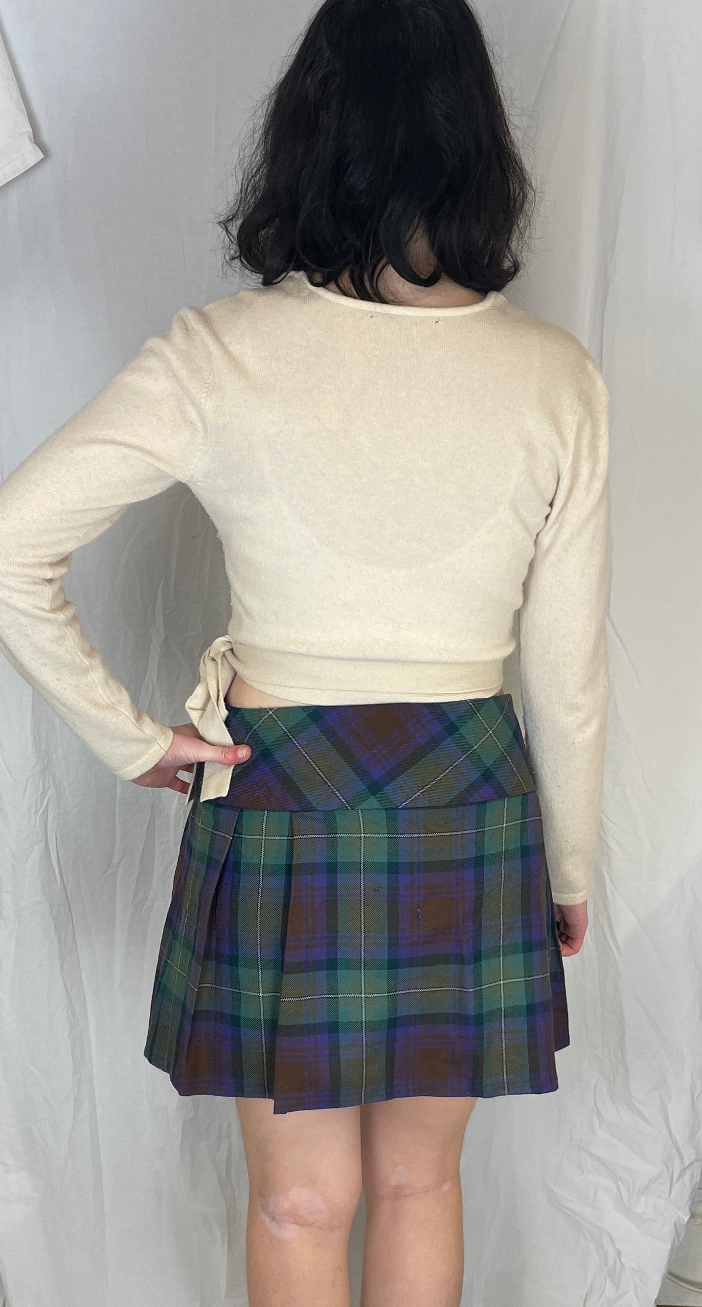 Vintage 80s Purple and Green Checked Wool Pleated Mini Wrap Skirt - Up To Size 12