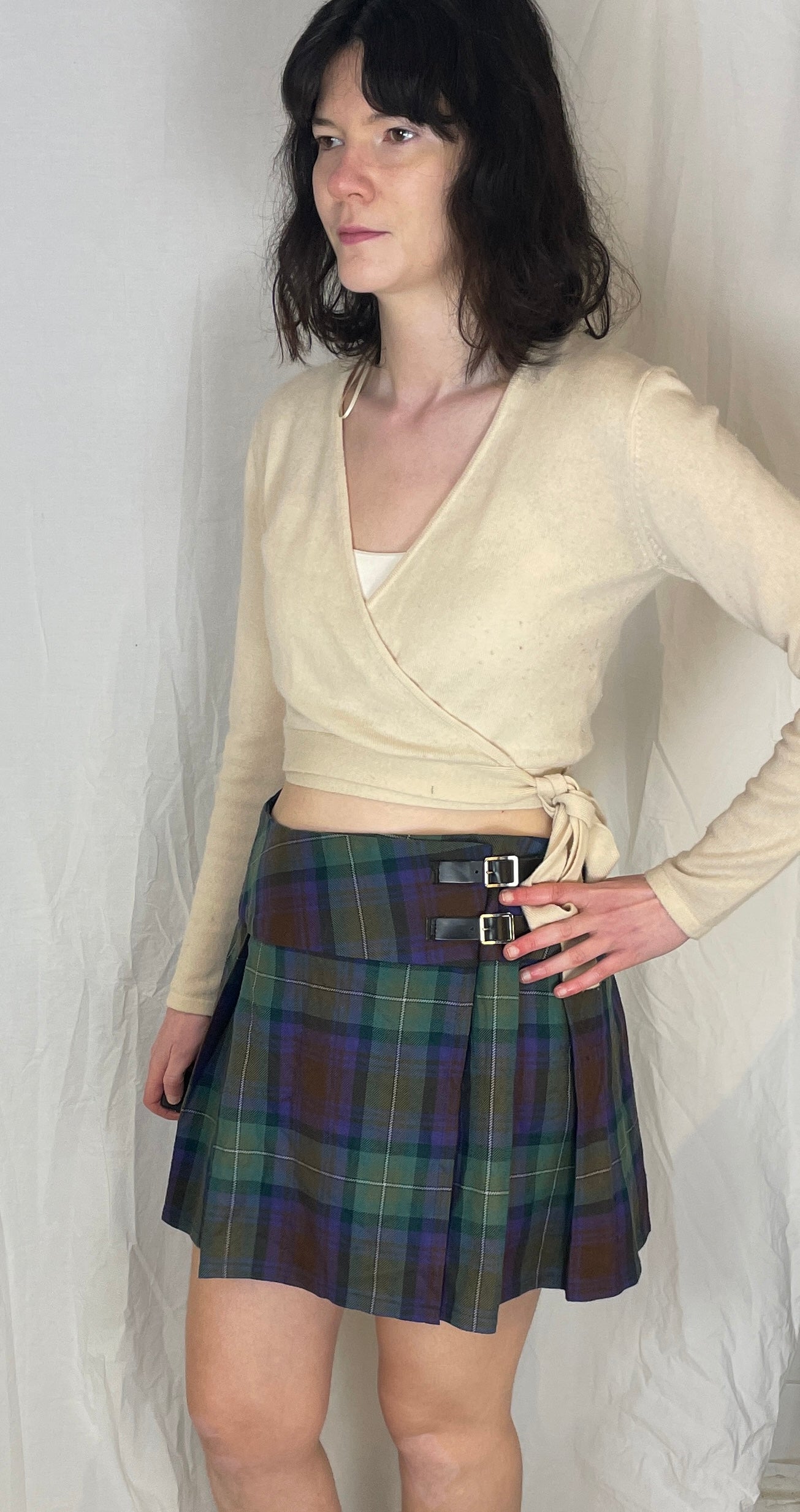 Vintage 80s Purple and Green Checked Wool Pleated Mini Wrap Skirt - Up To Size 12