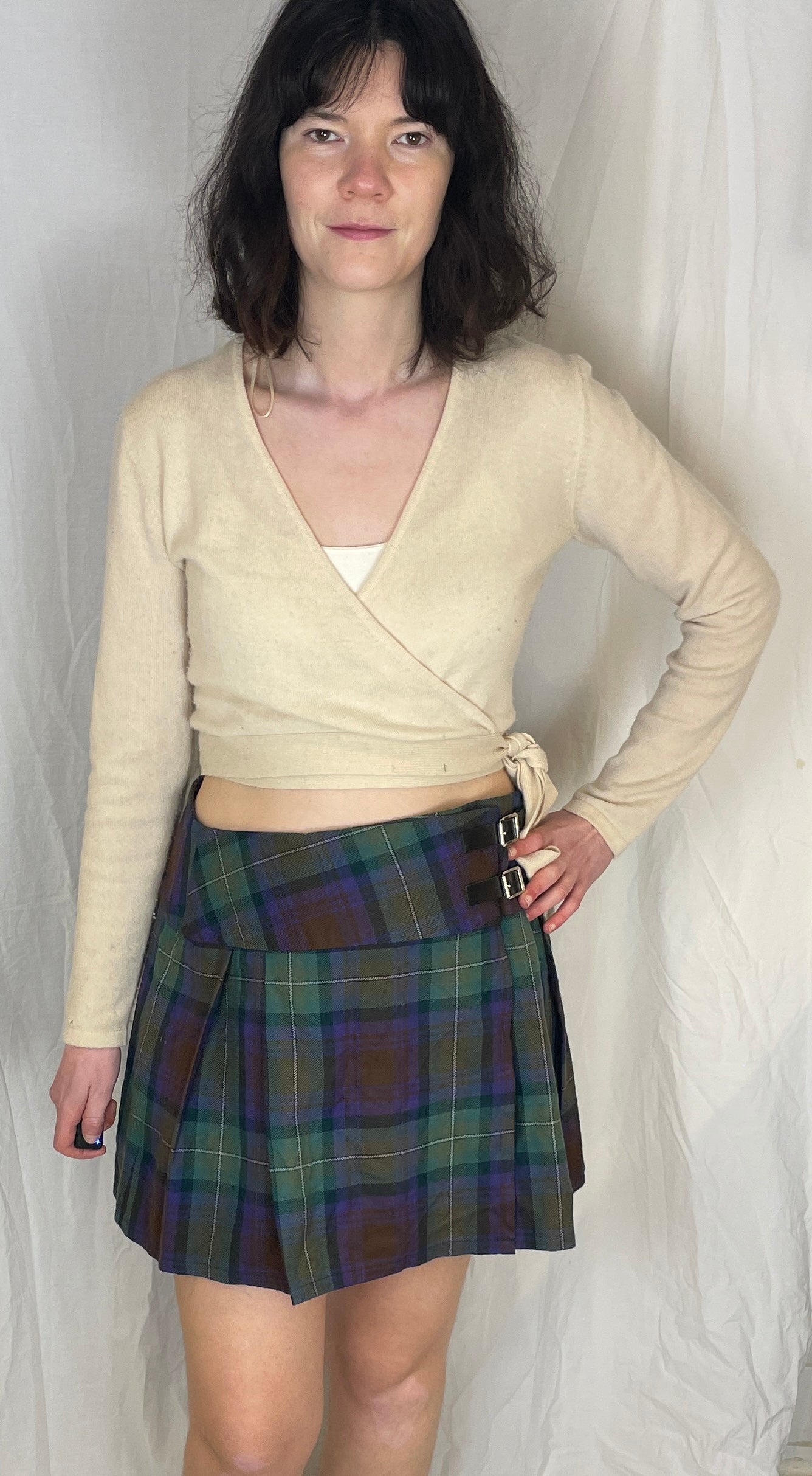 Vintage 80s Purple and Green Checked Wool Pleated Mini Wrap Skirt - Up To Size 12