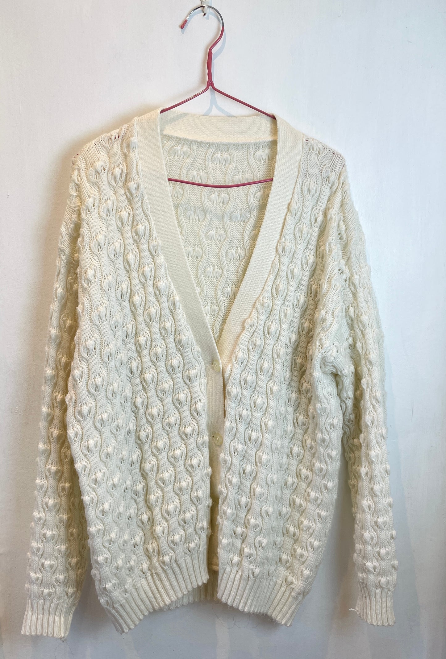 Vintage 90s Long White Bobble Knitted V-neck Cardigan - Up To Size 14