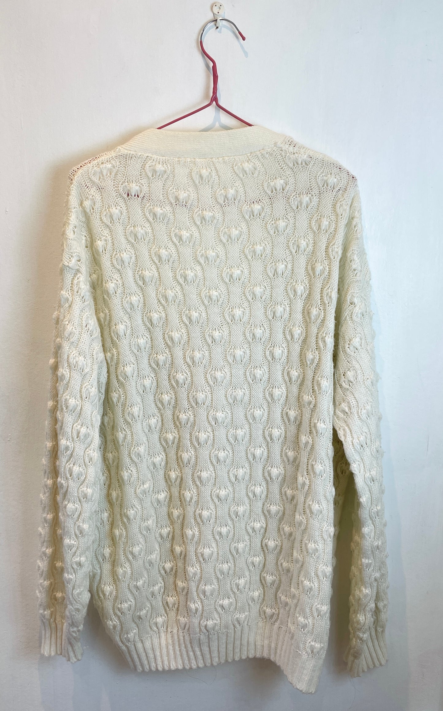 Vintage 90s Long White Bobble Knitted V-neck Cardigan - Up To Size 14