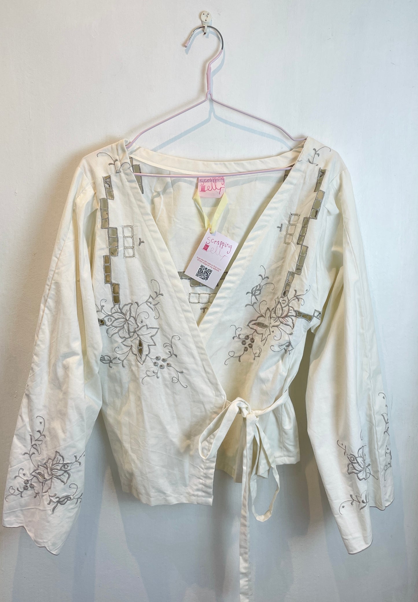 Eve Handmade White Linen Floral Embroidered Wrap Top - Up To Size 12